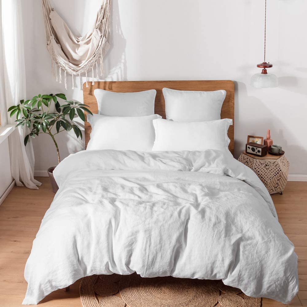 Price:$189.99  100% Linen Duvet Cover Set with Washed-French Flax-3 Pieces Solid Color Basic Style Bedding Set-Breathable Soft Comforter Cover with 2 Pillowshams(Queen,White) : Home & Kitchen
