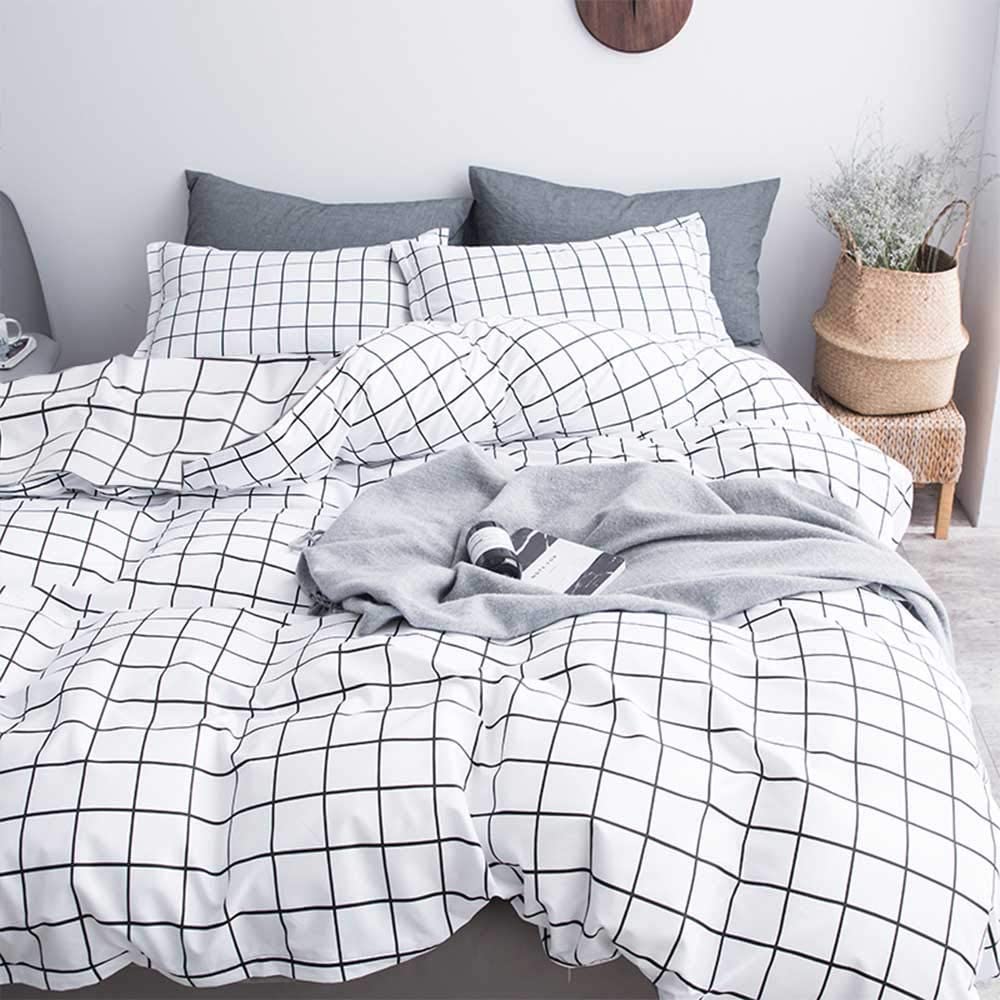 Price:$31.95  Queen Duvet Cover Set Grid, 90x90 Soft Bedding Cover, Luxury Cool Lightweight Microfiber 3pc Set (1 Cover 2 Pillowcase) with Zip, Tie - Modern Style Bed Quilt Cover for Decor, Plaid White : Home & Kitchen