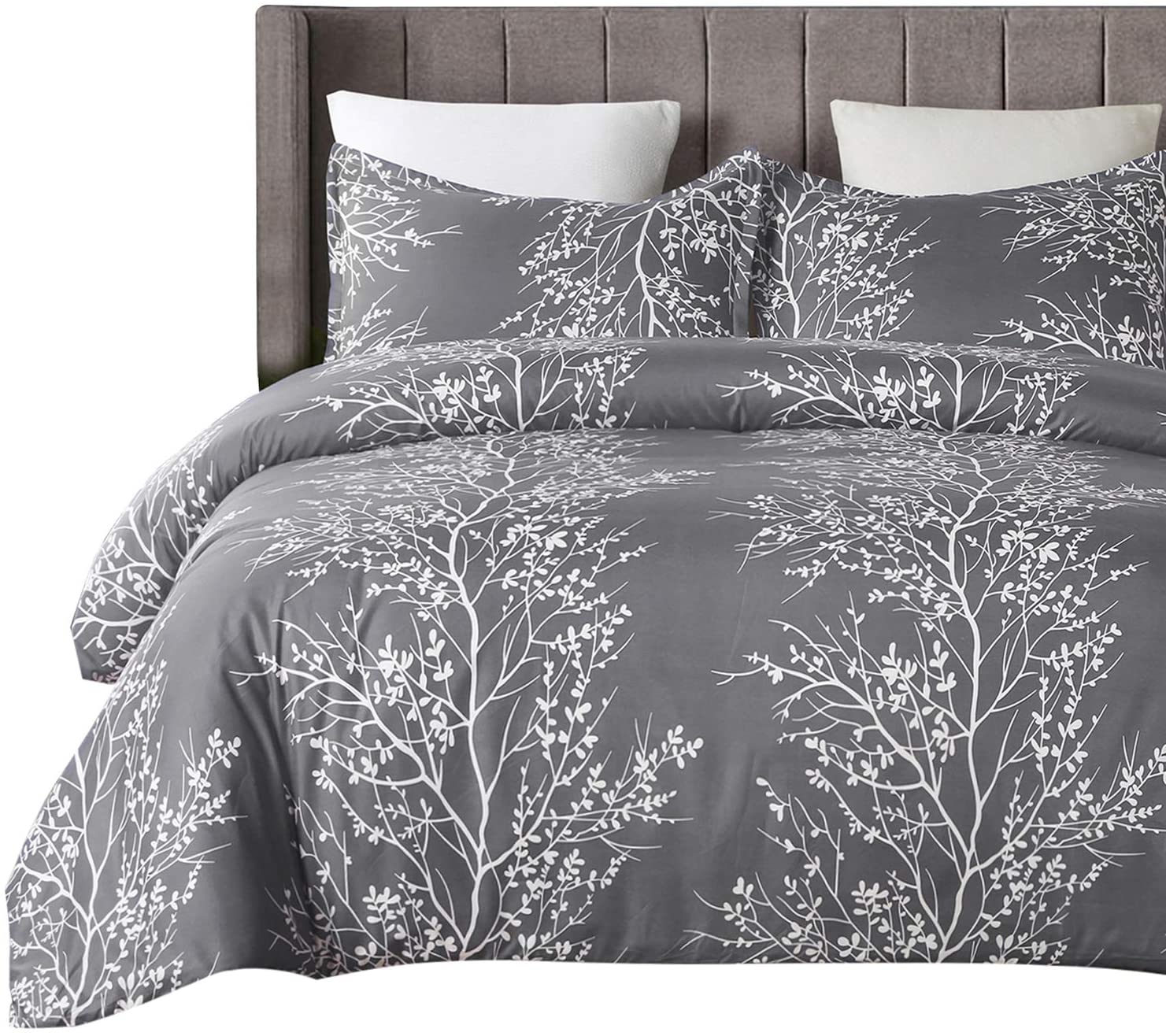 Price:$38.50  Lightweight Microfiber Duvet Cover Set, Grey and White Floral Branches Printed Pattern - King Size : Home & Kitchen