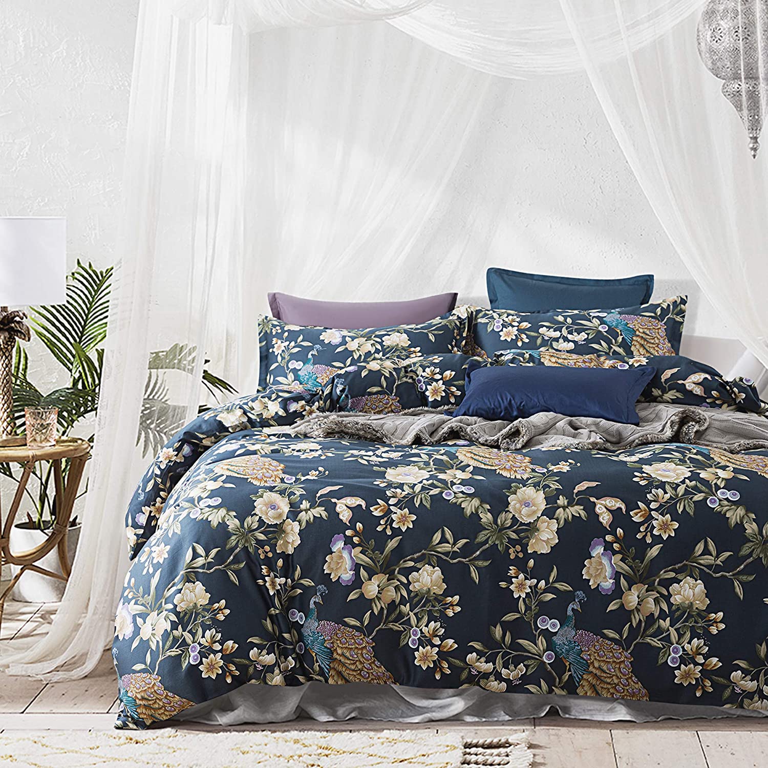 Price:$92.80  Oriental Garden Majestic Peacock Bird Floral Duvet Cover Chinoiserie Chic Asian Style Blooming Trees Vines and Branches Long Staple Cotton 3pc Bedding Set (Orion Blue, Queen) : Home & Kitchen