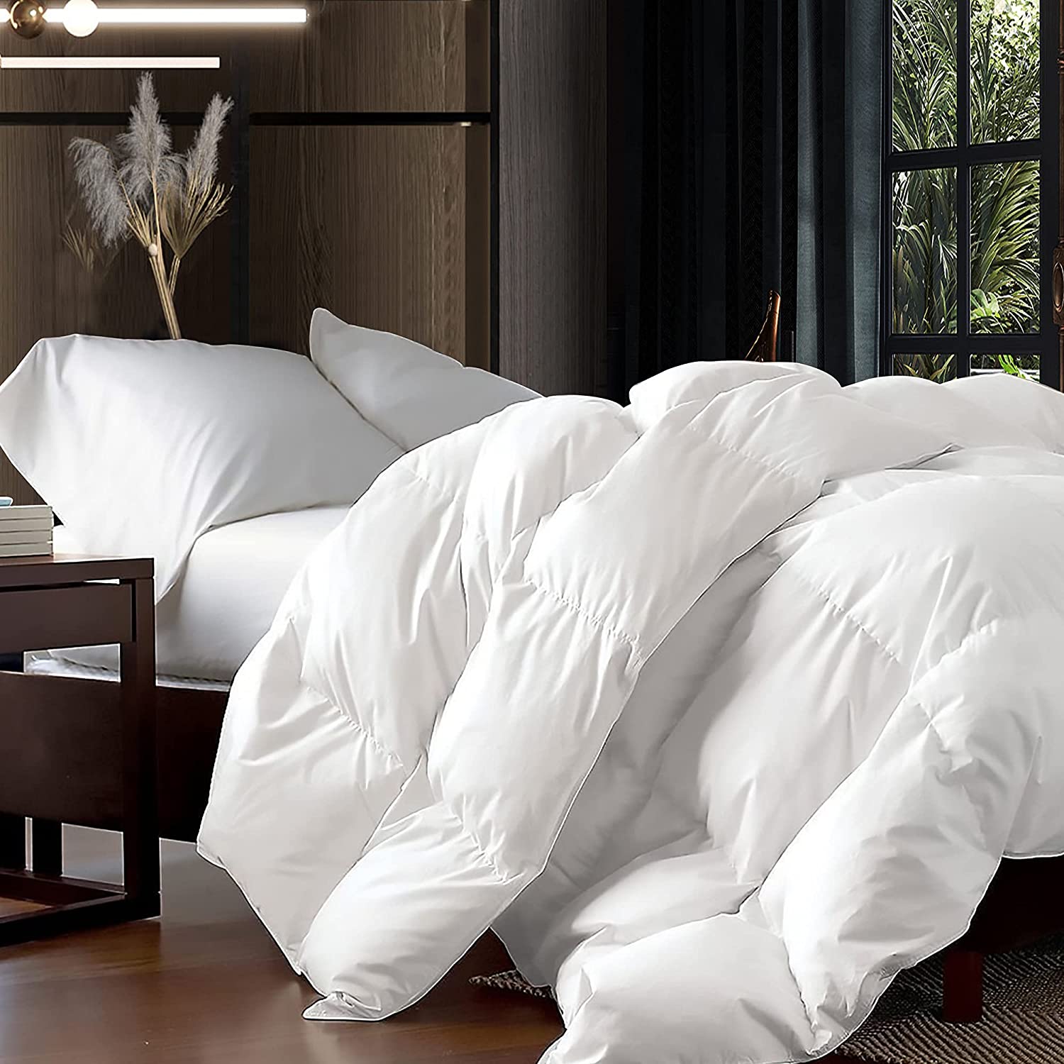 Price:$159.99 Luxurious OVERSIZE California King 108" x 98" Siberian Goose Down Comforter Down Fiber Duvet, 100% Egyptian Cotton Cover, 68 oz. Fill Weight, Baffle Box Design, White Solid : Home & Kitchen