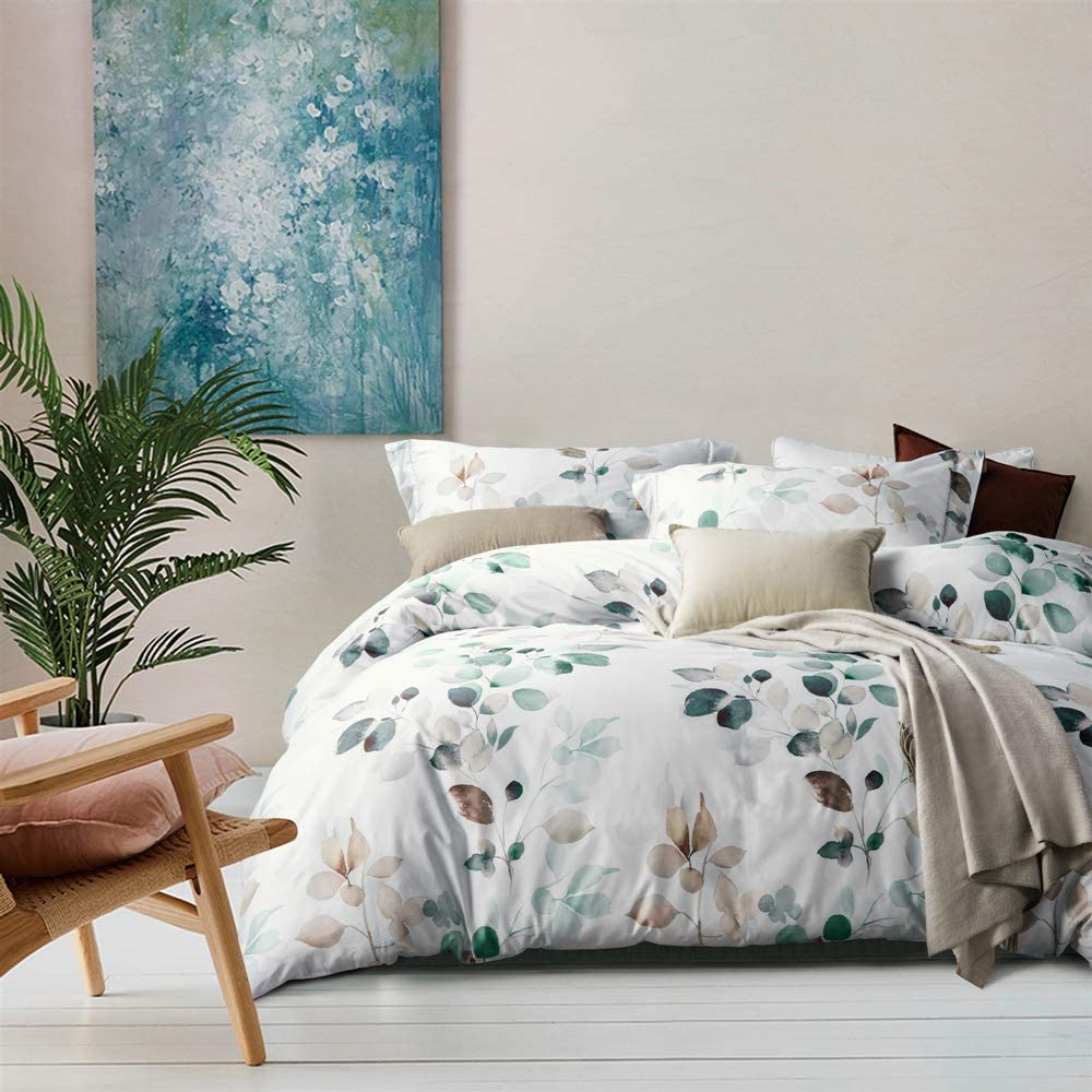 Price:$96.65  Duvet Cover King Size, 100% Egyptian Cotton Teal Leaf Plant Printed Chic Bedding Set Soft & Breathable for All Seasons(1 King Comforter Cover + 2 Pillow Shams) : Home & Kitchen