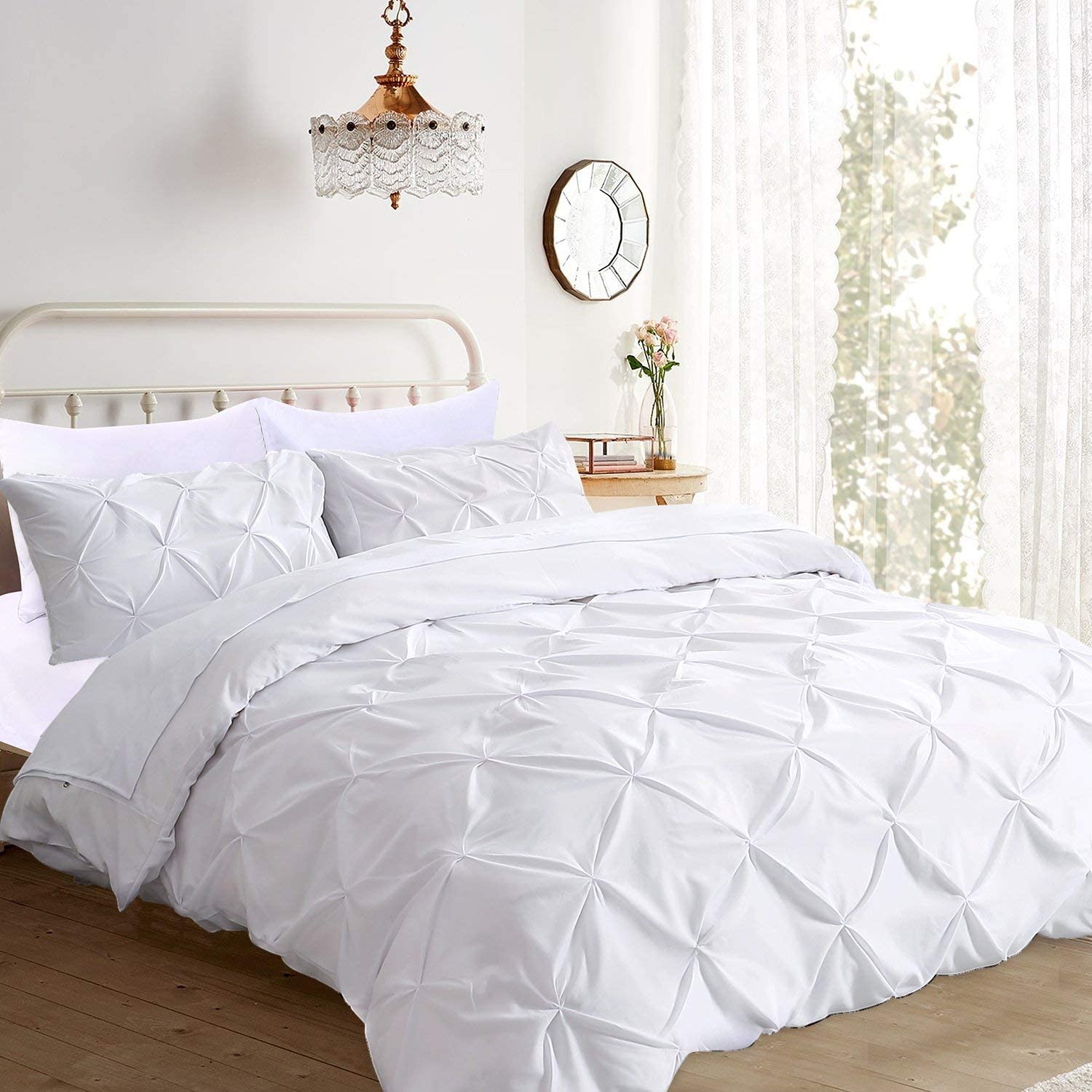 Price:$89.99  Pleated 3pc Duvet Cover Set 100% Egyptian Cotton 1000 Thread Count Zipper & Corner Ties Rectangle Pattern Decorative Pintuck Pillow Shmas (120X98 Oversize King, Pure White Solid) : Home & Kitchen