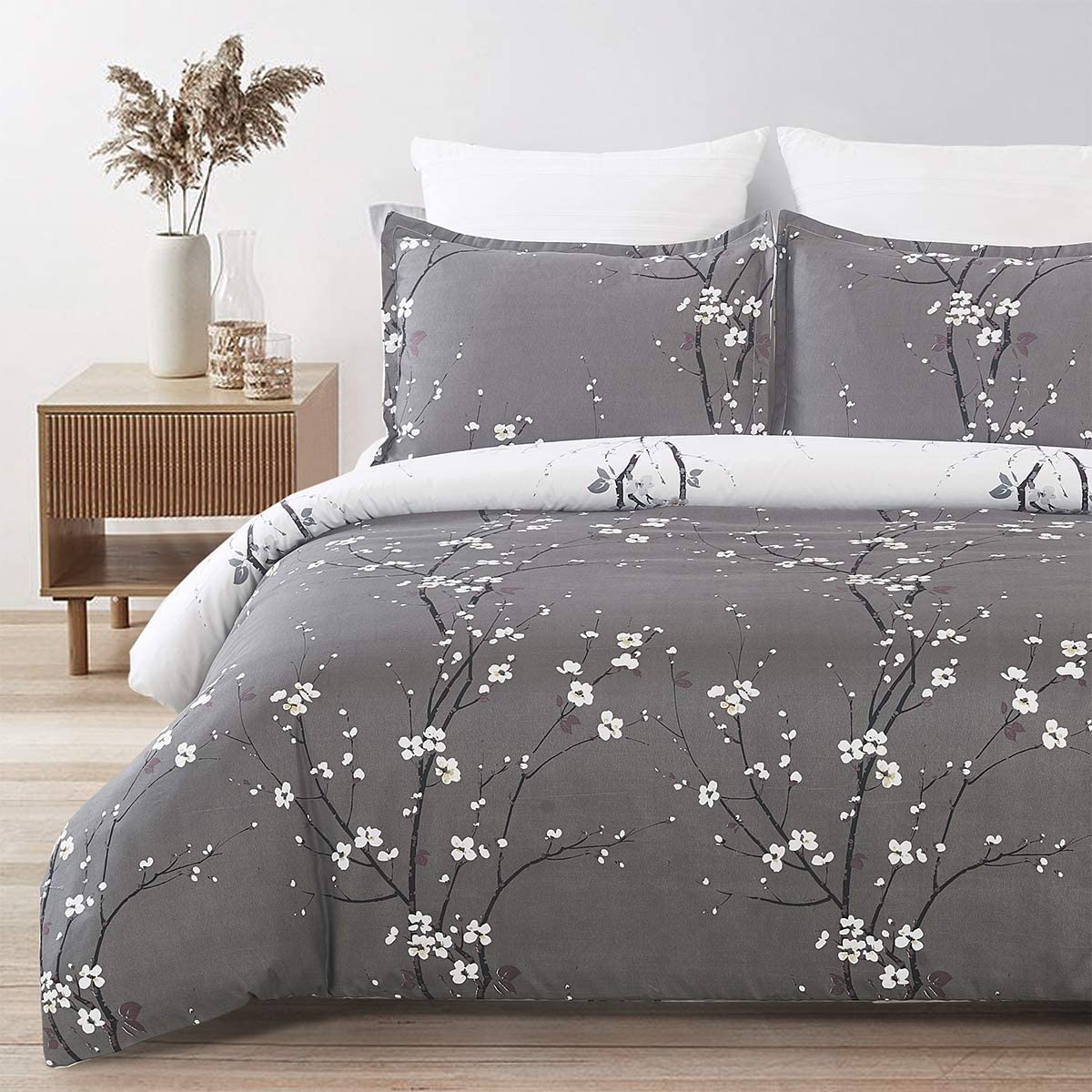 Price:$35.95  Soft Brushed Microfiber Duvet Cover Set with Zipper Closure and Corner Ties, Plum Blossom/Branch Floral Printed Pattern, Dark Grey and White Color, Reversible Design, King Size(104x90 Inches) : Home & Kitchen
