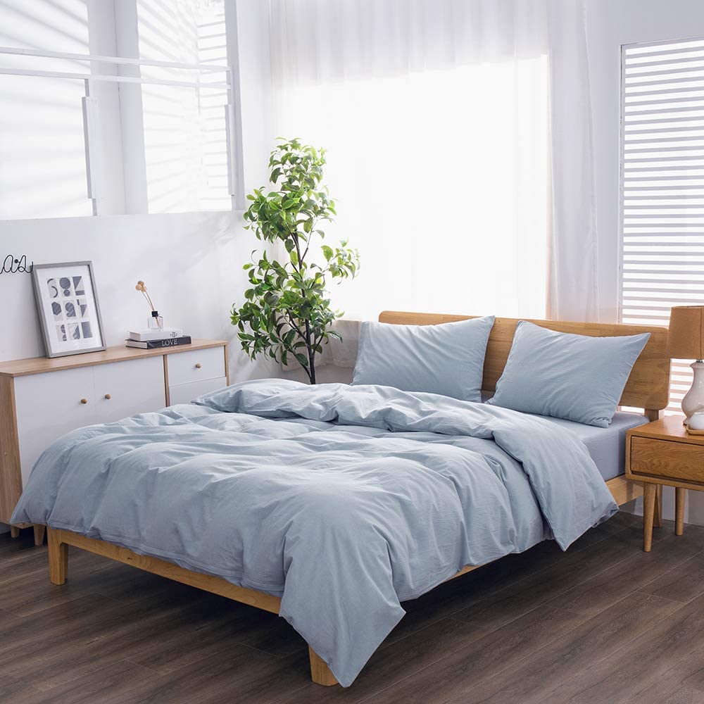 Price:$41.99  YI 100% Washed Cotton Duvet Cover Queen Size,Light Blue Simple Bedding Style Soft Duvet Cover Set, 3-Piece(1 Comforter Cover with Zipper,Corner Ties +2 Pillowcases) : Home & Kitchen