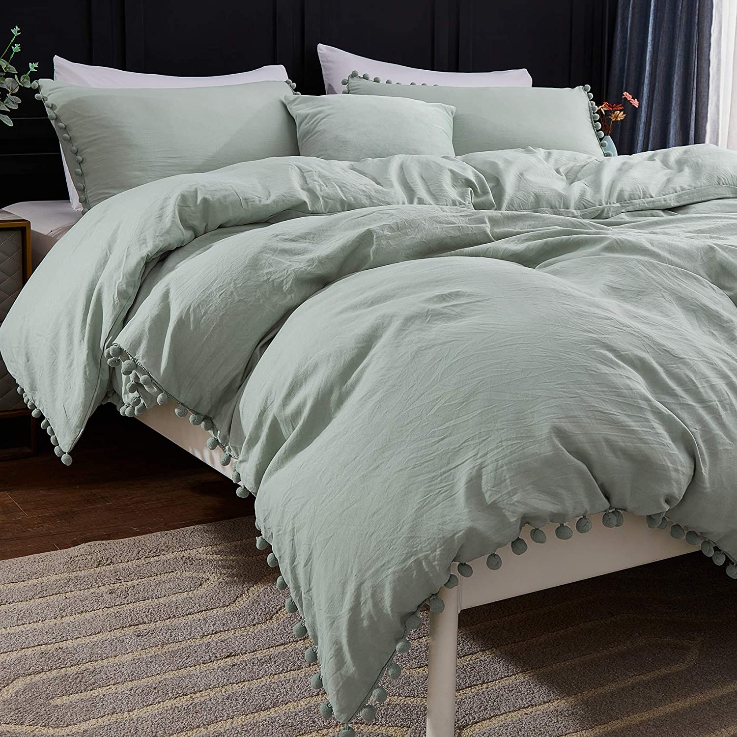 Price:$38.99 Andency Pom Pom Fringe Duvet Cover Queen Size (90x90 Inch), 3 Pieces (1 Solid Sage Green Duvet Cover, 2 Pillowcases) Soft Washed Microfiber Duvet Cover Set with Zipper Closure, Corner Ties : Home & Kitchen