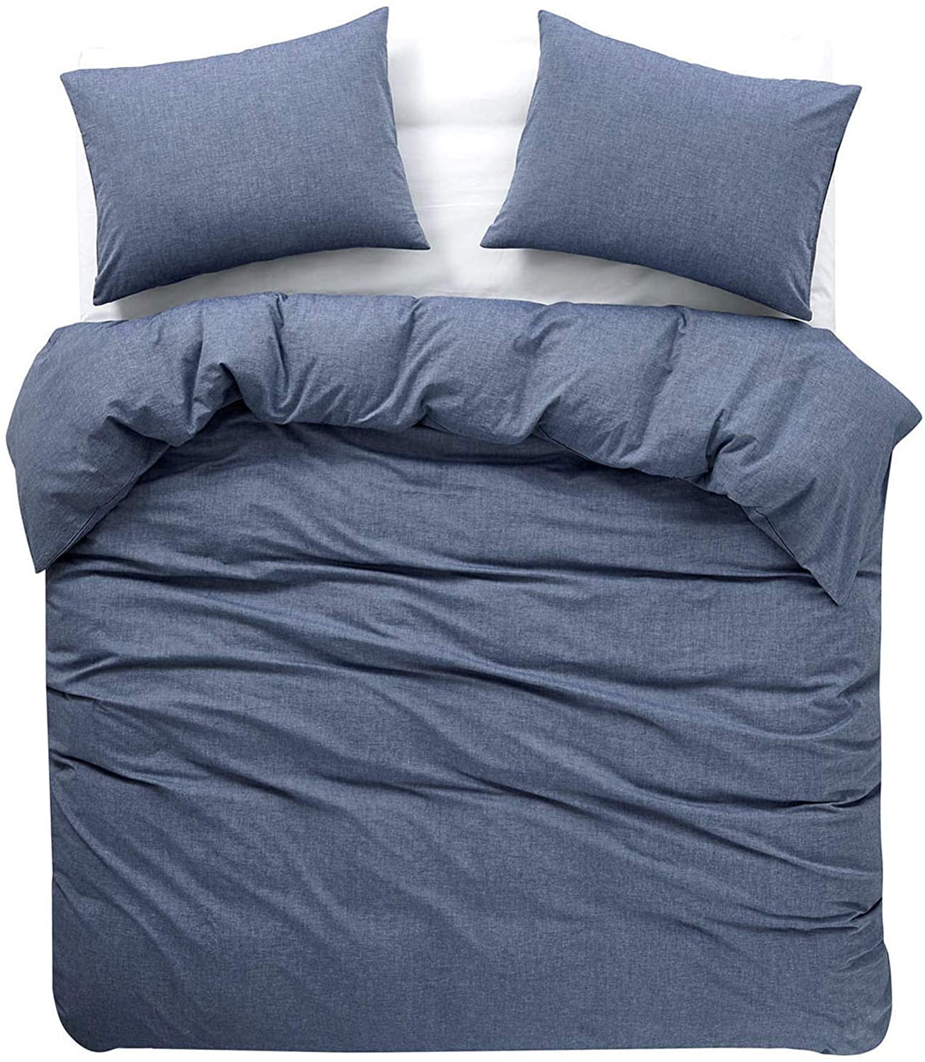 Price:$89.99  In Cloud - Denim Blue Duvet Cover Set, 100% Washed Cotton Yarn Dyed Plain Solid Color, Comfy Bedding with Zipper Closure Corner Ties (3pcs, King Size) : Home & Kitchen