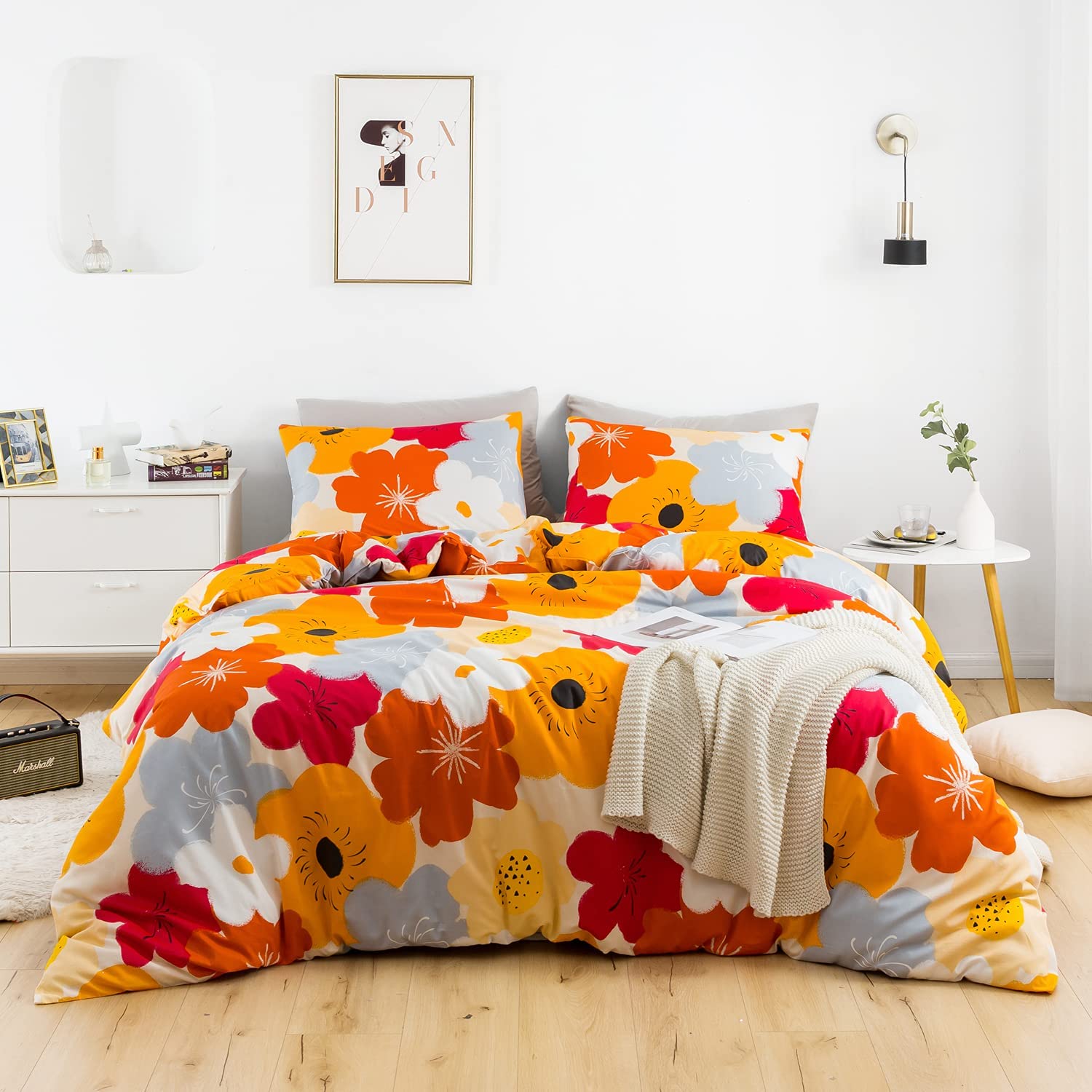 Price:$56.99  Duvet Cover Set 100% Cotton King Size Vibrant Orange Floral Bedding Cover 3 Pieces Set 1 Flowers Duvet Cover 2 Pillowcases Red Botanical Comforter Cover with Zipper Ties Ultra Soft Breathable : Home & Kitchen