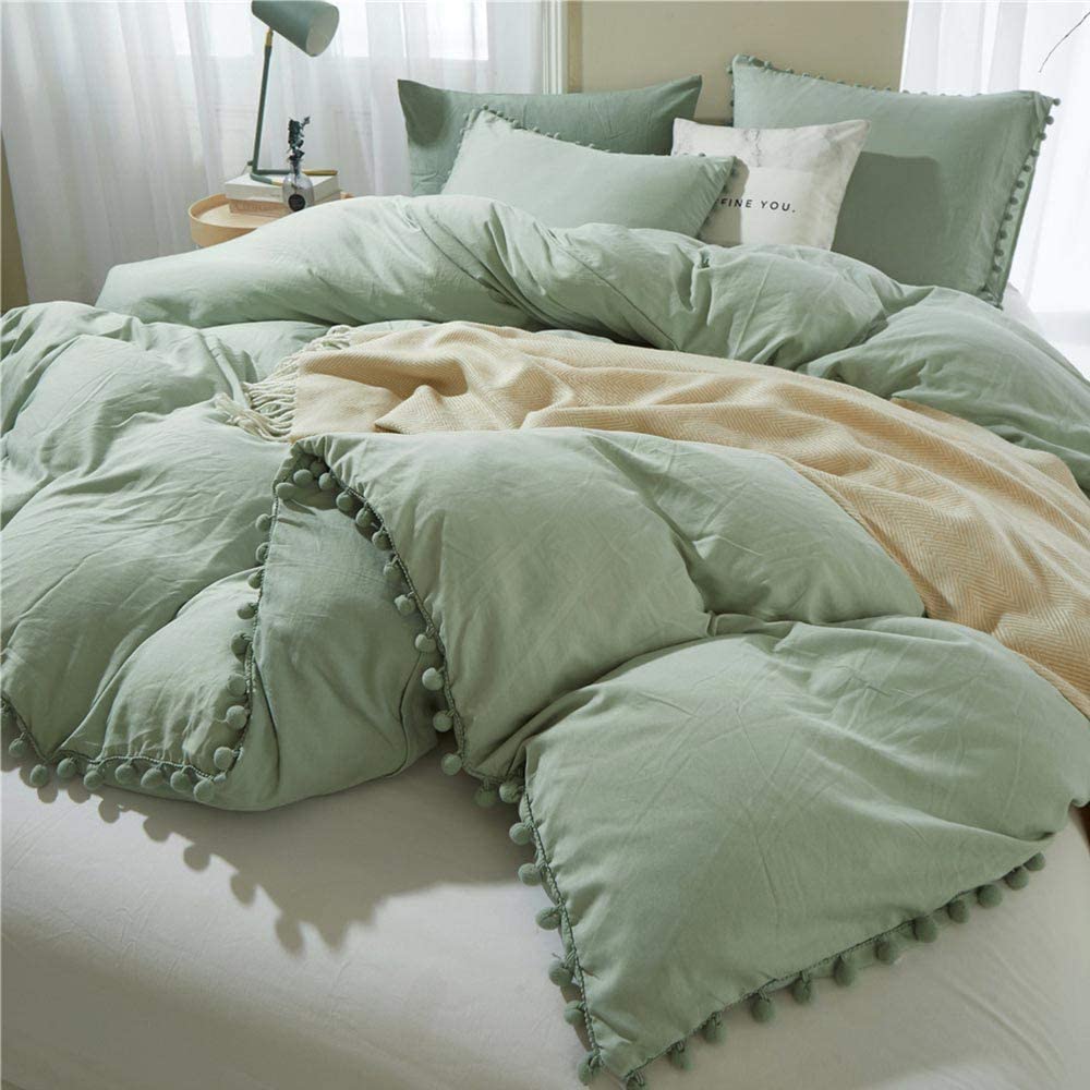Price:$38.99 Pom Pom Duvet Cover Queen Size - 3 Piece Boho Bohemian Farmhouse Microfiber Comforter Cover Set - Soft and Lightweight Quilt Cover, Solid Sage Green Pompom : Home & Kitchen