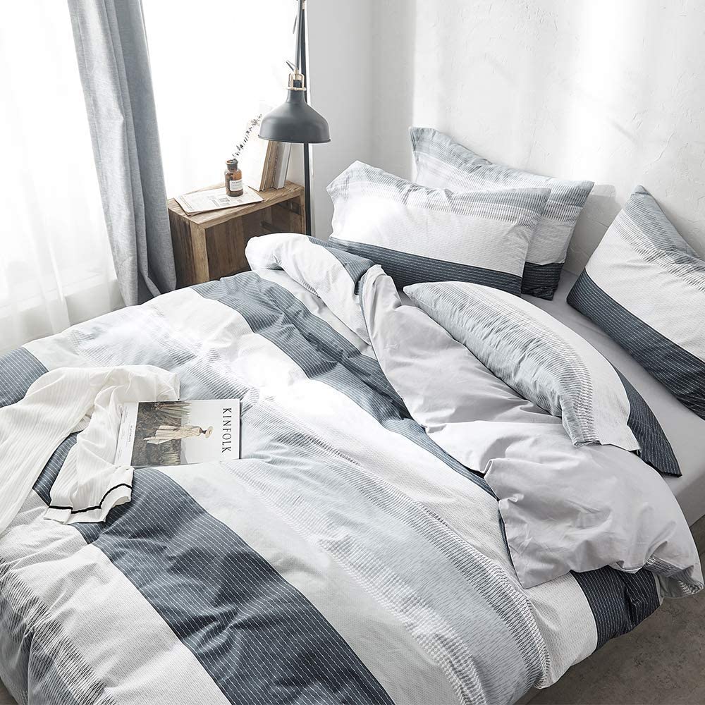 Price:$76.99  Arrival】 Queen Duvet Cover Cotton Gray Blue White Duvet Cover Natural Geometric Comforter Cover Full Stripe Modern Home Bedding Set with Ties for Boy Man : Home & Kitchen