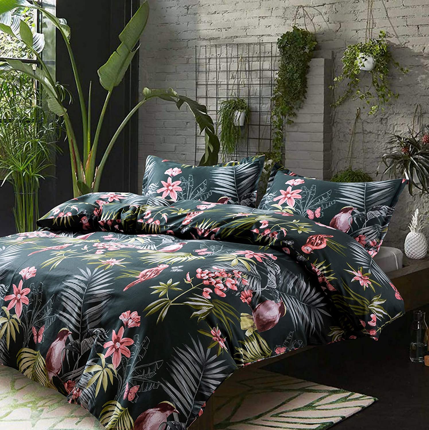 Price:$112.80  Palm Leaves Duvet Cover Pillowcases Set Tropical Exotic Island Flowers Trees Branches Paradise Birds Bedding Jungle Plants Modern Botanical Print Long Staple Cotton (Pine Green, Super King) : Home & Kitchen