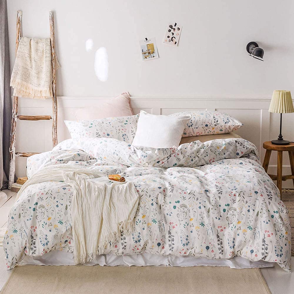 Price:$58.99  VOUGEMARKET Colorful Duvet Cover Set Full Queen,100% Cotton Floral Plant Bright Fresh Designed White Bedding Set,Ultra Soft and Easy Care,Breathable for Girls Women-Full/Queen,Floral : Home & Kitchen