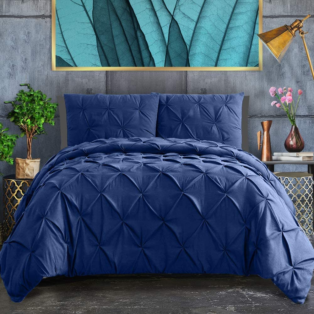 Price:$29.99  Pintuck Duvet Cover Full Size with Zipper & Corner Ties 100% 120 g Microfiber Navy Blue Duvet Cover Set(Full Blue) : Home & Kitchen