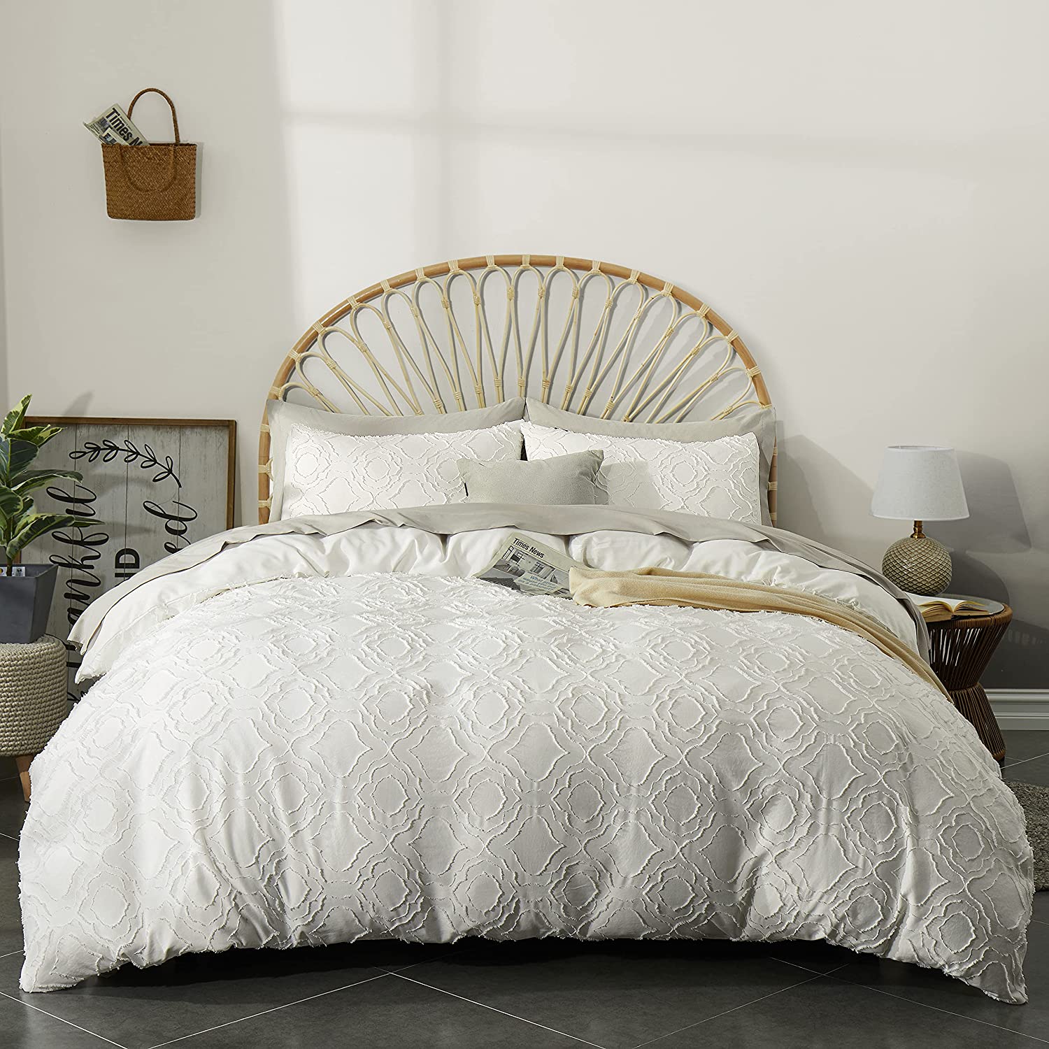 Price:$40.99  Duvet Cover King Size, 3 Pieces Tufted Comforter Cover Set, Soft and Embroidery Shabby Chic Boho Bedding Sets for All Seasons, White : Home & Kitchen