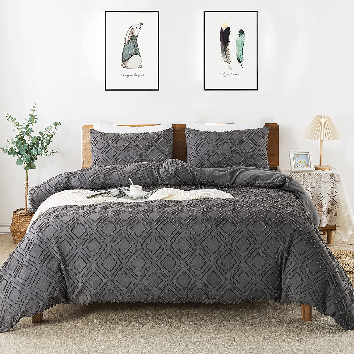 Price:$49.99  Jacquard & Tufted Geometric Grey Duvet Cover Queen Size Bedding Set, Soft, All Seasons, with Double-end Sliders Zipper Closure, 8 Ties, 3 Pieces (2 Pillowcase, 1 Duvet Cover), Q Dark Grey : Home & Kitchen