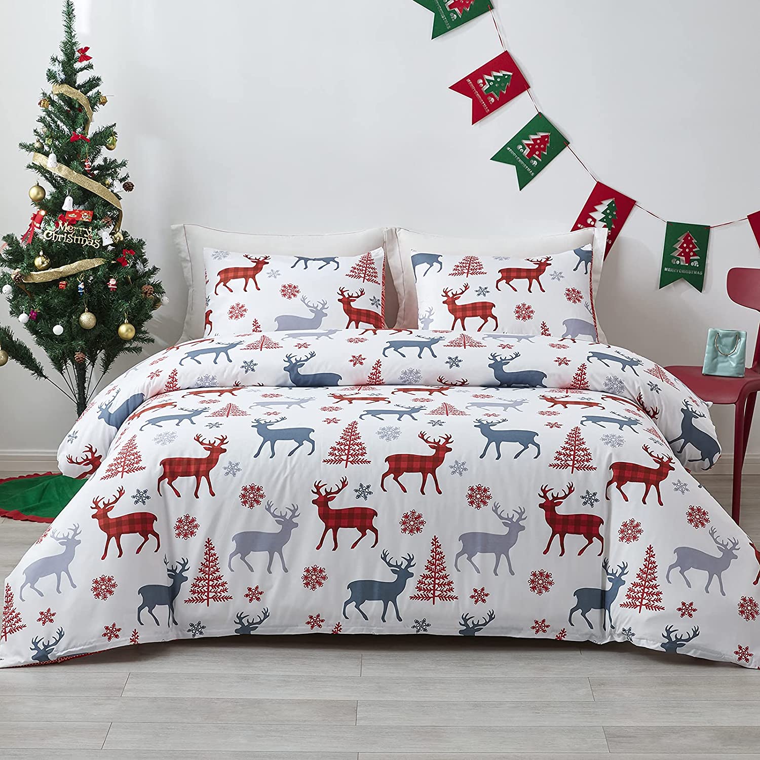 Price:$37.99  Christmas Duvet Cover Set Comforter Cover Set Christmas Reindeer Snowflake Christmas Tree Pattern Microfiber Soft Bedding Sets with Zipper Closure and Corner Ties (Full/Queen（90"x90"）) : Everything Else