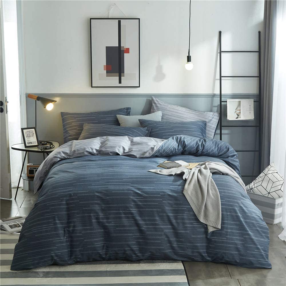 Price:$68.99  VOUGEMARKET Modern Bedding Set King Size,Blue Grey Stripes Duvet Cover with 2 Pillow Shams -100% Cotton Reversible Luxury Mens Comforter Cover with Zipper Closure 104X90 Inch : Home & Kitchen
