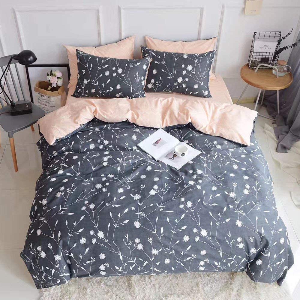 Price:$57.79  Queen Duvet Cover Floral Cotton Bedding Set Gray Flowers Branches Printing,Reversible Peach and Gray Duvet Cover Set-Ultra Comfy Breathable Zipper : Home & Kitchen