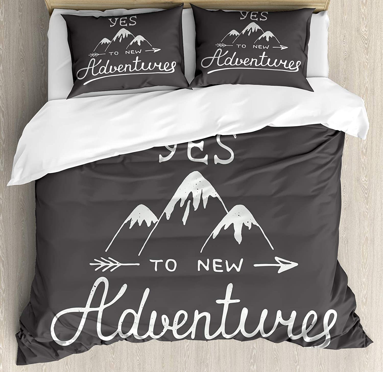 Price:$89.95  Adventure Duvet Cover Set, Say Yes to New Adventures Typographic Words with Scribble Mountains, Decorative 3 Piece Bedding Set with 2 Pillow Shams, King Size, Charcoal Grey : Home & Kitchen