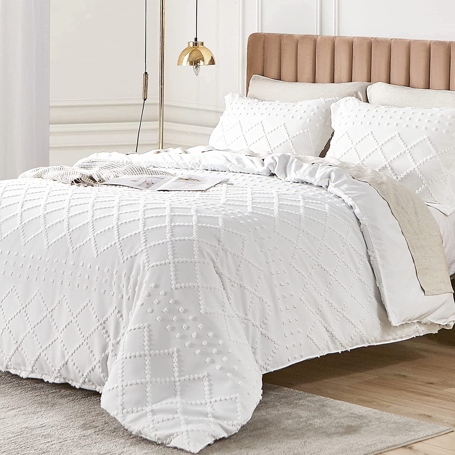 Price:$49.99  Embroidery Duvet Cover King Size, 3 Pieces Soft Brushed Microfiber Shabby Chic Boho Comforter Cover Set, Durable Lightweight Summer Bedding Set (King, White) : Home & Kitchen