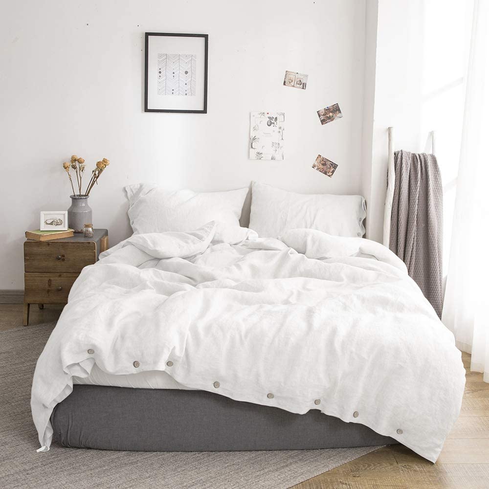 Price:$129.90  100% Linen Duvet Cover Set with Coconut Button Closure Washed - 3 Pieces (1 Duvet Cover & 2 Pillowcases) Soft Breathable Farmhouse - White, Queen Size : Home & Kitchen