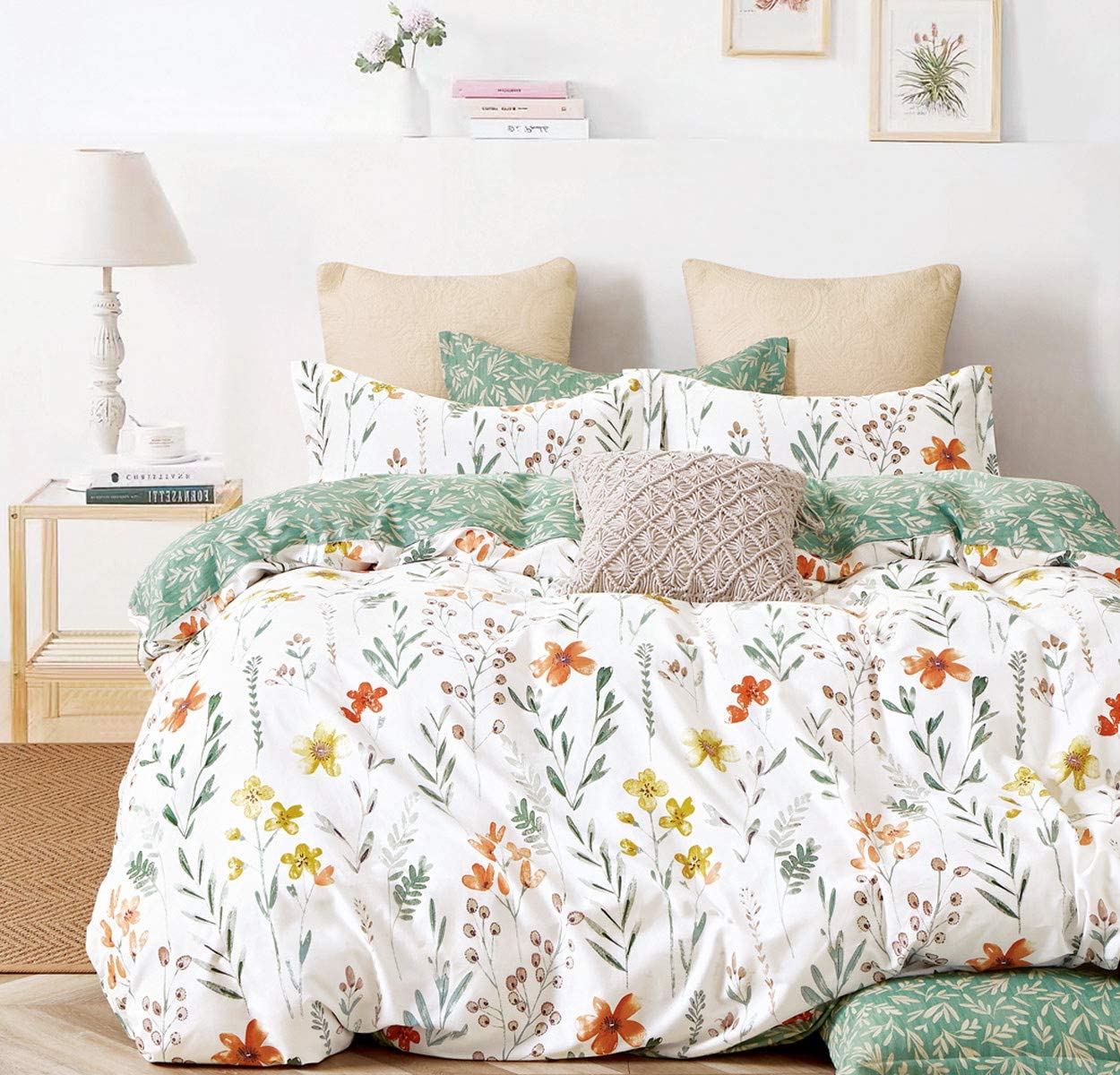 Price:$64.99  Duvet Cover Queen, 600 Thread Count Cotton 3pcs Bedding Set Yellow Flowers and Green Branches Printed on White Reversible Comforter Cover : Home & Kitchen