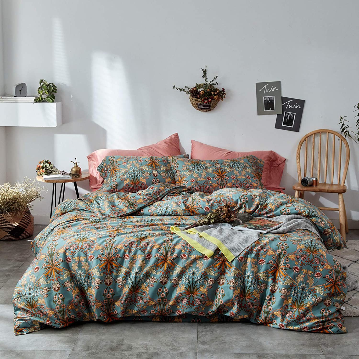 Price:$78.99 mixinni Vintage Style Garden Flower Duvet Cover Set with Zipper Closure Soft Cotton Yellow Flower Pattern on Blue Bedding Quilt Cover Set(King,Autumn) : Everything Else