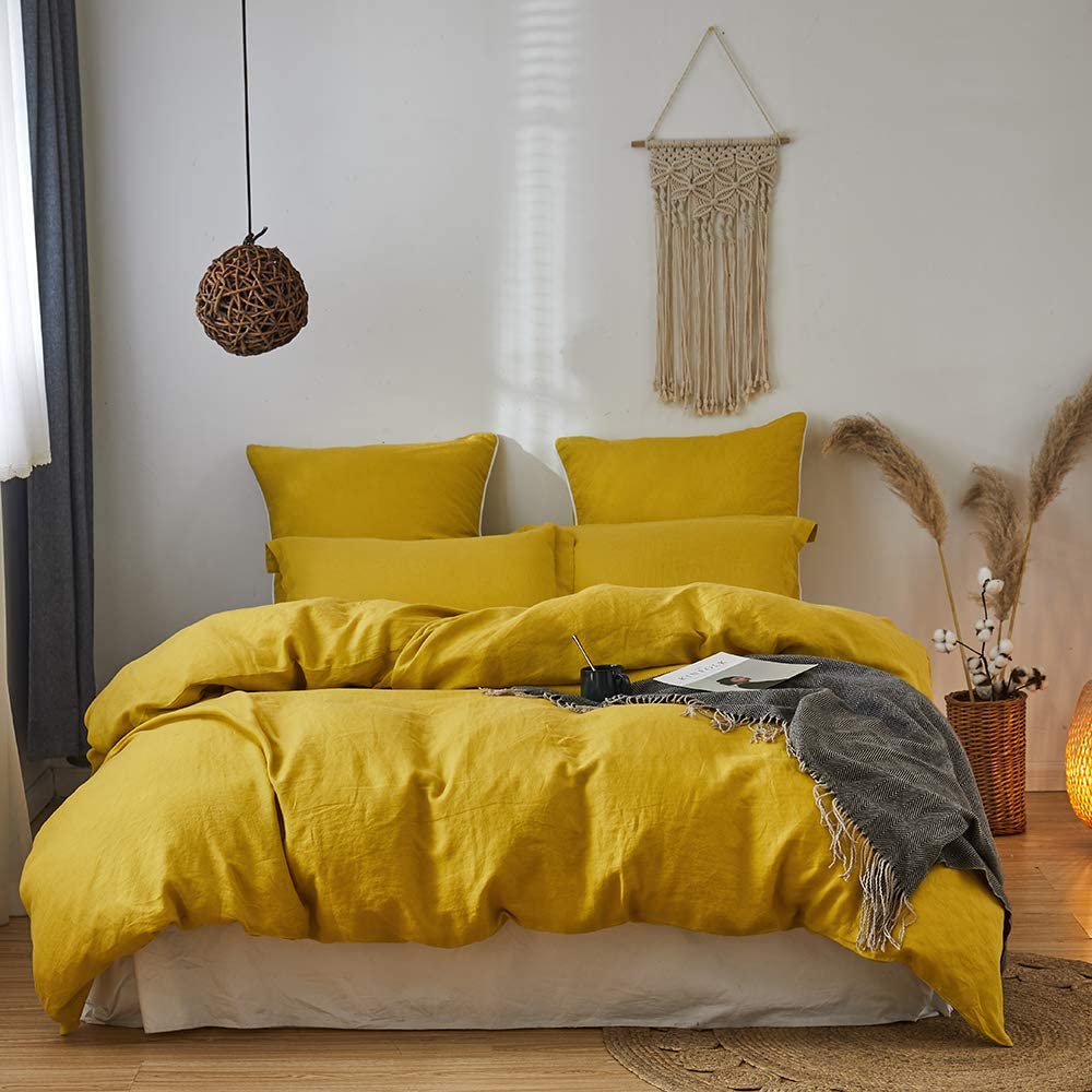 Price:$146.99 Simple&Opulence 100% Linen Duvet Cover Set 3pcs Basic Style Natural French Washed Flax Solid Color Soft Breathable Farmhouse Bedding with Button Closure (King, Mustard Yellow) : Home & Kitchen