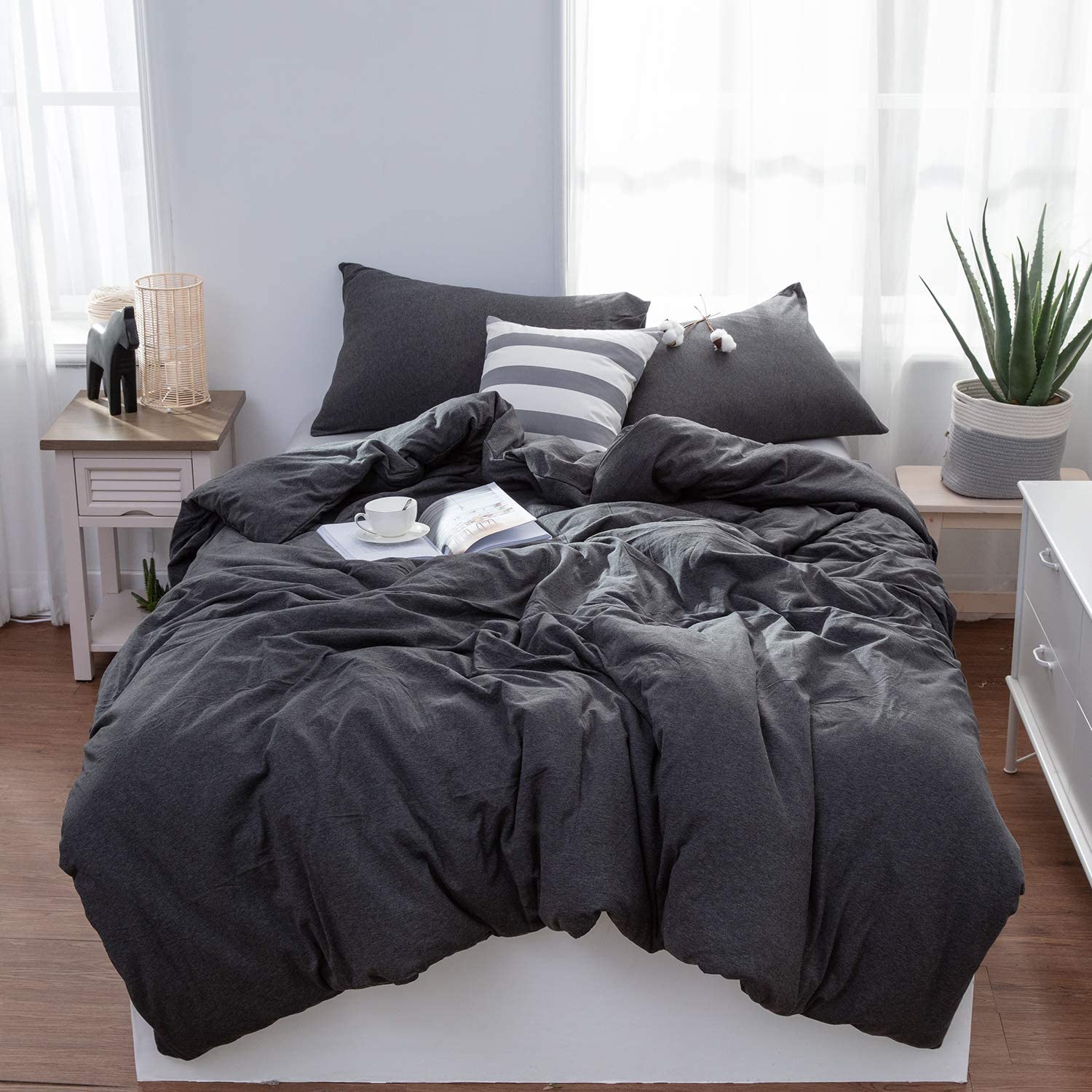 Price:$77.00  Duvet Cover Queen - Ultra Soft Jersey Cotton Comforter Cover 3 Piece Set with Zipper Closure & Corner Ties (Queen, Dark Gray) : Home & Kitchen