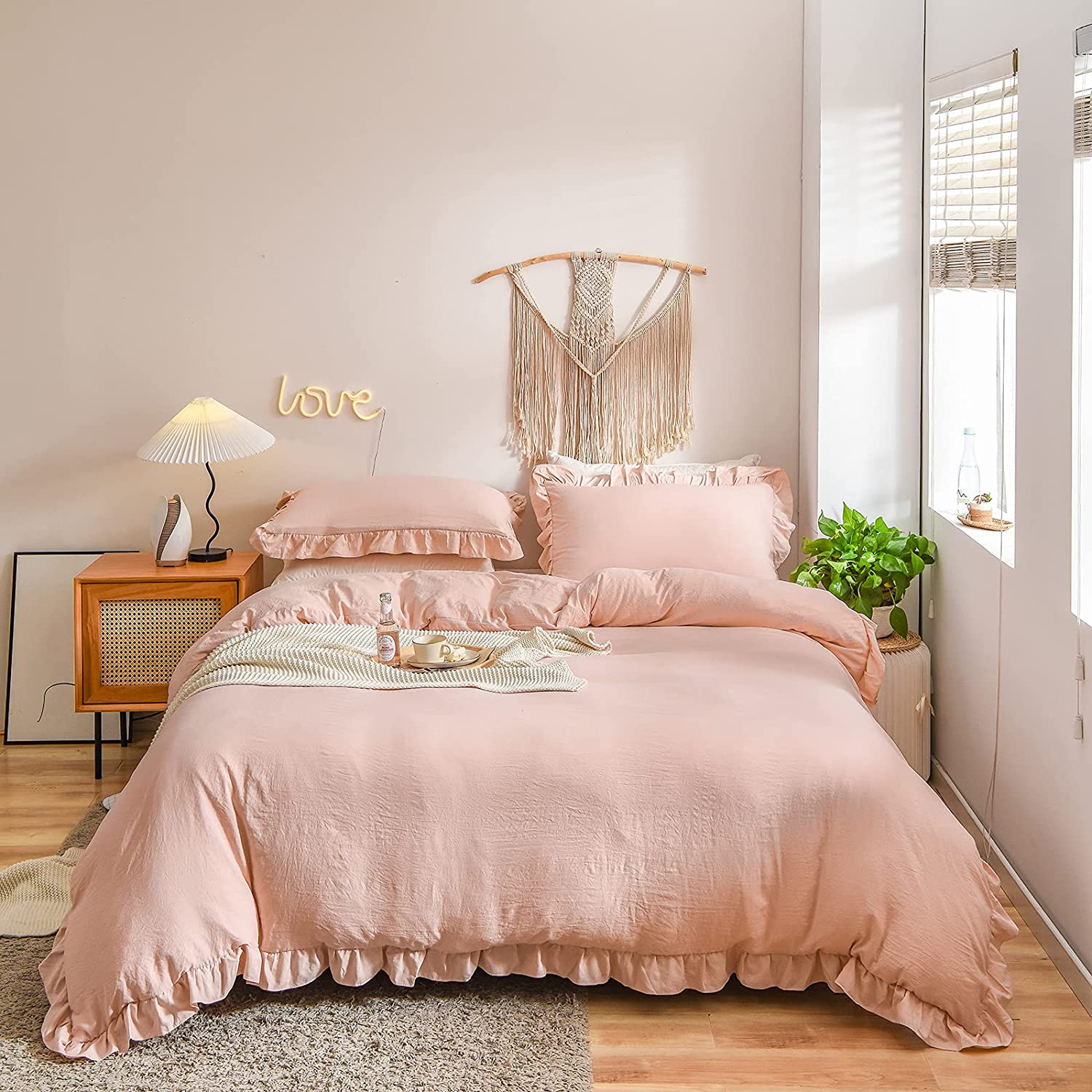 Price:$53.99  Pink Bedding Pink Ruffle Duvet Cover Set Solid Ruffled Fringe Design Soft Vintage Country Bedding Sets Queen 1 Duvet Cover 2 Pillow Shams (Queen, Light Pink) : Home & Kitchen