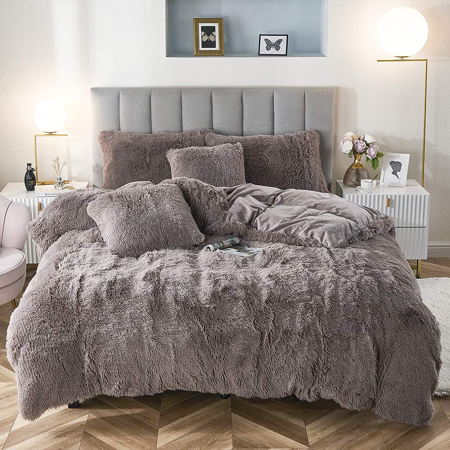 Price:$89.99  Faux Fur Velvet Fluffy Bedding Duvet Cover Set Down Comforter Quilt Cover with Pillow Shams, Ultra Soft Warm and Durable (Taupe, King) : Home & Kitchen