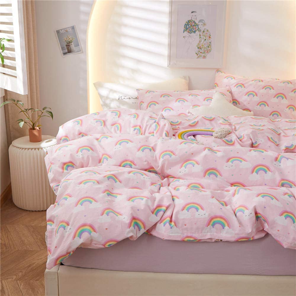 Price:$58.99  Cute Rainbow Twin Duvet Cover Set Pink for Toddler Girls,Boys,Kids Reversible with Clouds Pattern Bedding 100% Washed Cotton Comforter Cover Teens Dorm Bed Quilt Cover,Zipper : Home & Kitchen