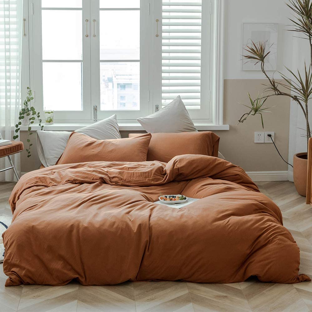 Price:$68.00  Pumpkin Duvet Cover Queen Solid Brown Bedding Set Breathable Soft Jersey Cotton Simple Bedroom Collection Easy Care Solid Color Adults Bedding Zipper Closure : Home & Kitchen