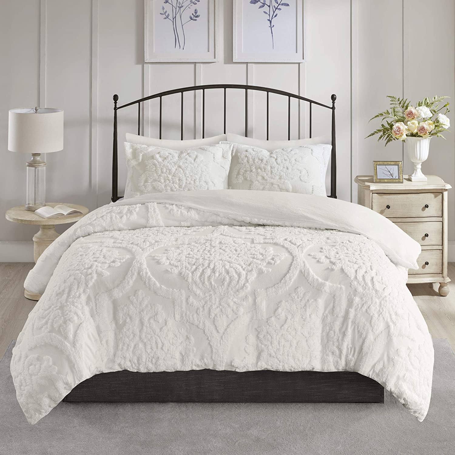 Price:$59.90  Park Tufted Chenille 100% Cotton Duvet- Modern Luxe All Season Comforter Cover Bed Set with Matching Shams, Viola, Damask White King/Cal King(104"x92") 3 Piece : Home & Kitchen
