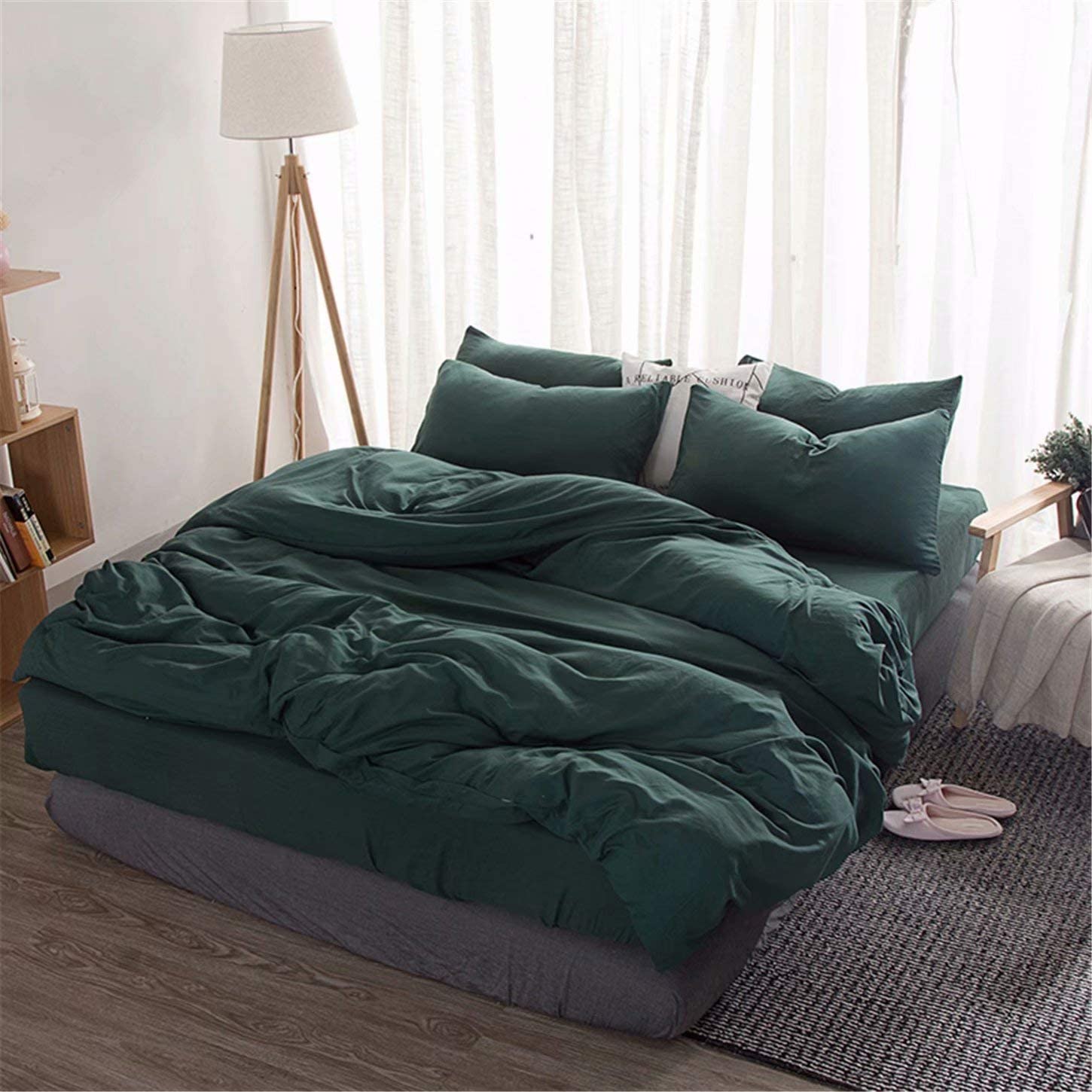 Price:$49.99  Solid Color 4 Pieces Bedding Duvet Cover Set 100% Washed Microfiber Quilt Cover Soft Bedding Sets Emerald Queen （Duvet Cover 78”90”） : Home & Kitchen