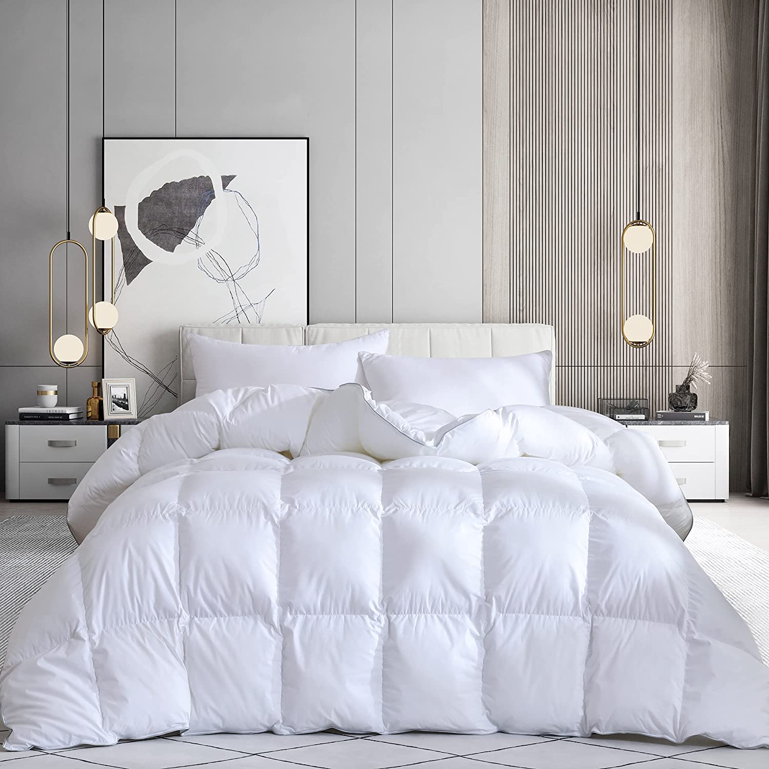 Price:$41.99  Premium Goose Down Fiber Comforter Queen Size All Season, Down Feather Fiber Hotel Collection Duvet Insert with 1000 Thread Count 100% Cotton Cover,700 Fill Power,Warm &Comfortable : Home & Kitchen