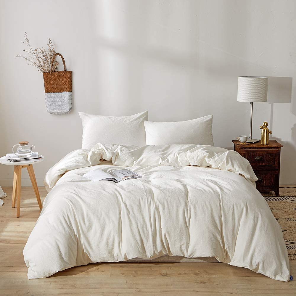 Price:$99.99  HOME Stonewashed Cotton/Linen California King Duvet Cover, 3-Piece Comforter Cover Set, Breathable and Skin-Friendly Bedding Set (Off-White, California King) : Home & Kitchen