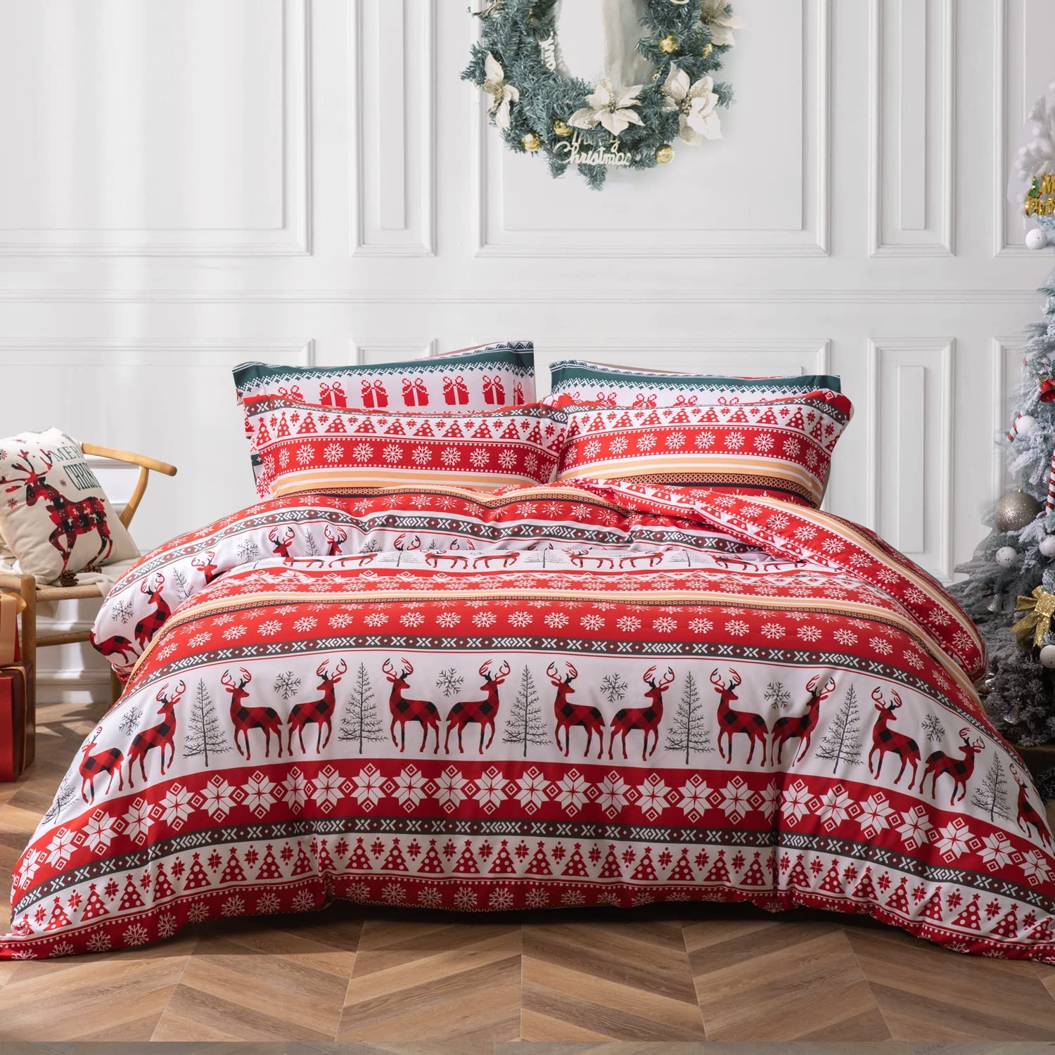 Price:$33.99  Christmas Duvet Cover Set - Snowflake Reindeer Printed Lightweight Soft Microfiber Comforter Cover 3Pcs Boho Bedding Set (No Comforter) Queen, Red : Home & Kitchen