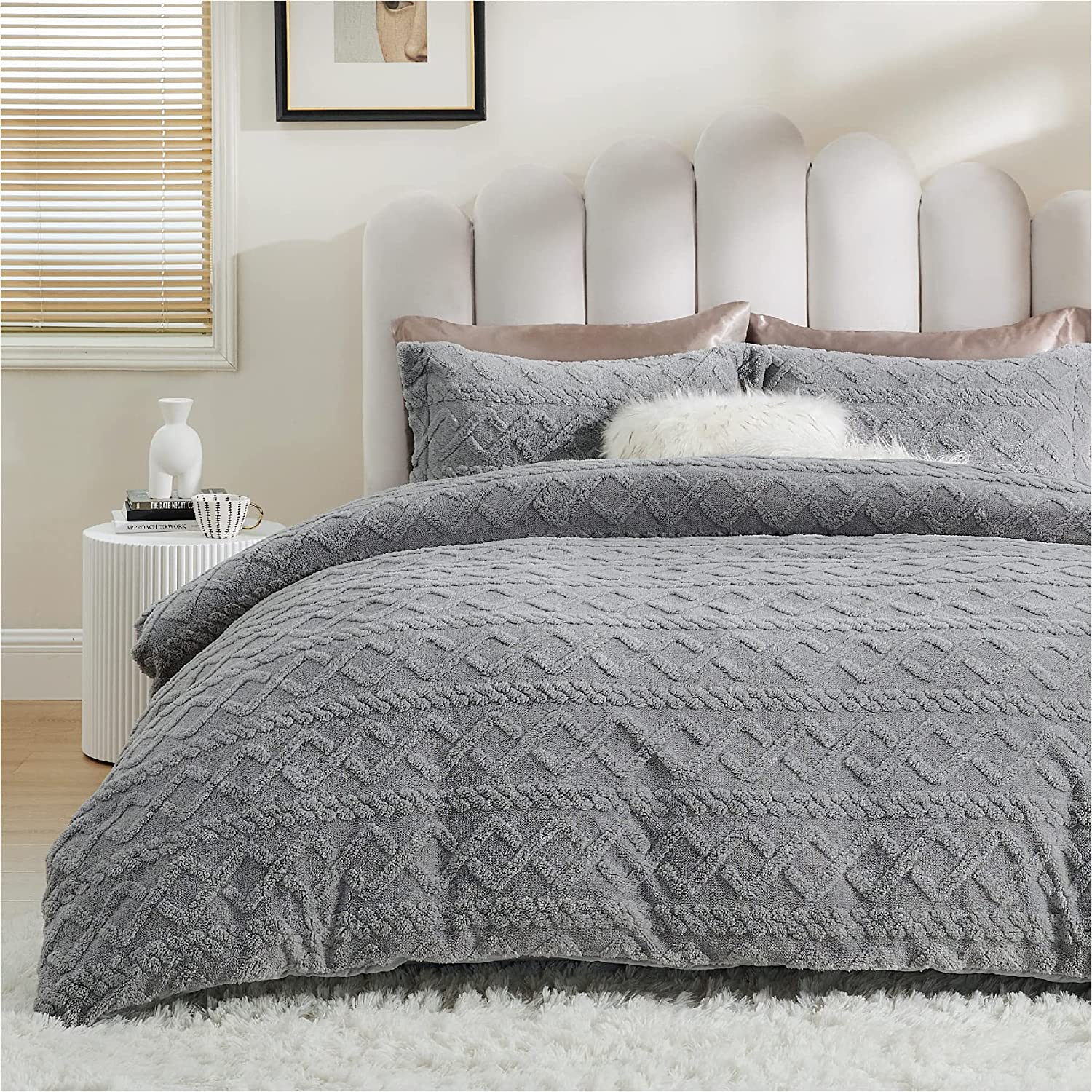 Price:$74.99  Fluffy Comforter Cover - Faux Fur Tufted Duvet Cover King Size, Grey Plush Fuzzy Duvet Cover Set, 3 Pieces (1 Duvet Cover + 2 Pillow Shams) : Home & Kitchen