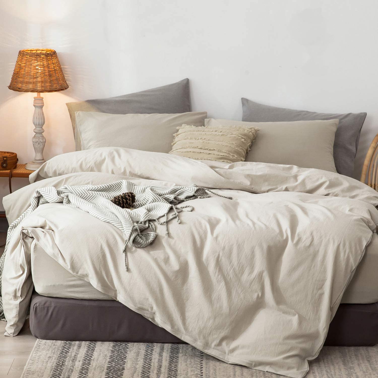 Price:$79.99 MooMee Bedding Duvet Cover Set 100% Washed Cotton Linen Like Textured Breathable Durable Soft Comfy (Cream Grey, Queen) : Home & Kitchen