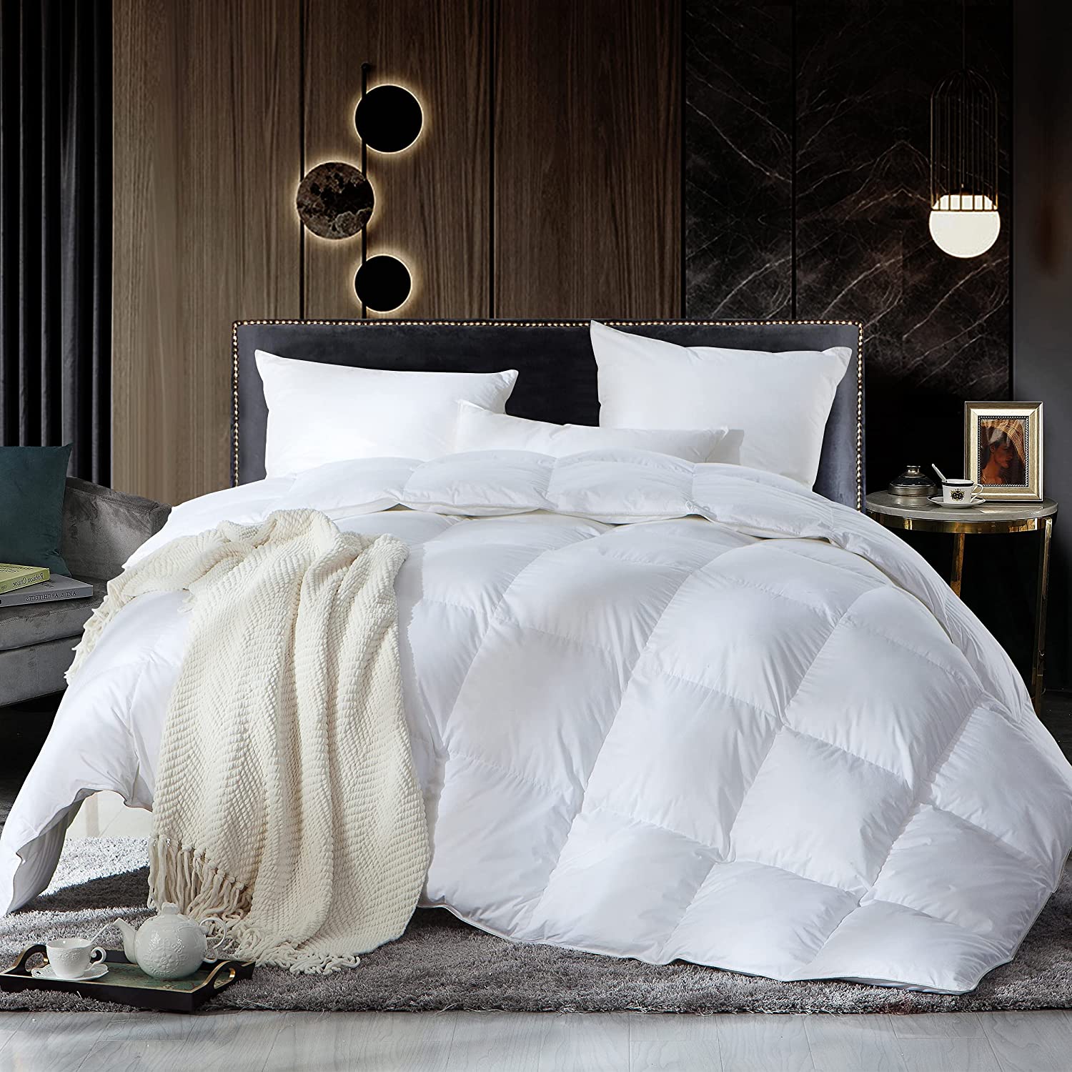 Price:$129.95  Full / Queen Size Siberian Goose Down Comforter Down Fiber Duvet Insert, 100% Egyptian Cotton Cover, 60 oz. Fill Weight, White Solid : Home & Kitchen