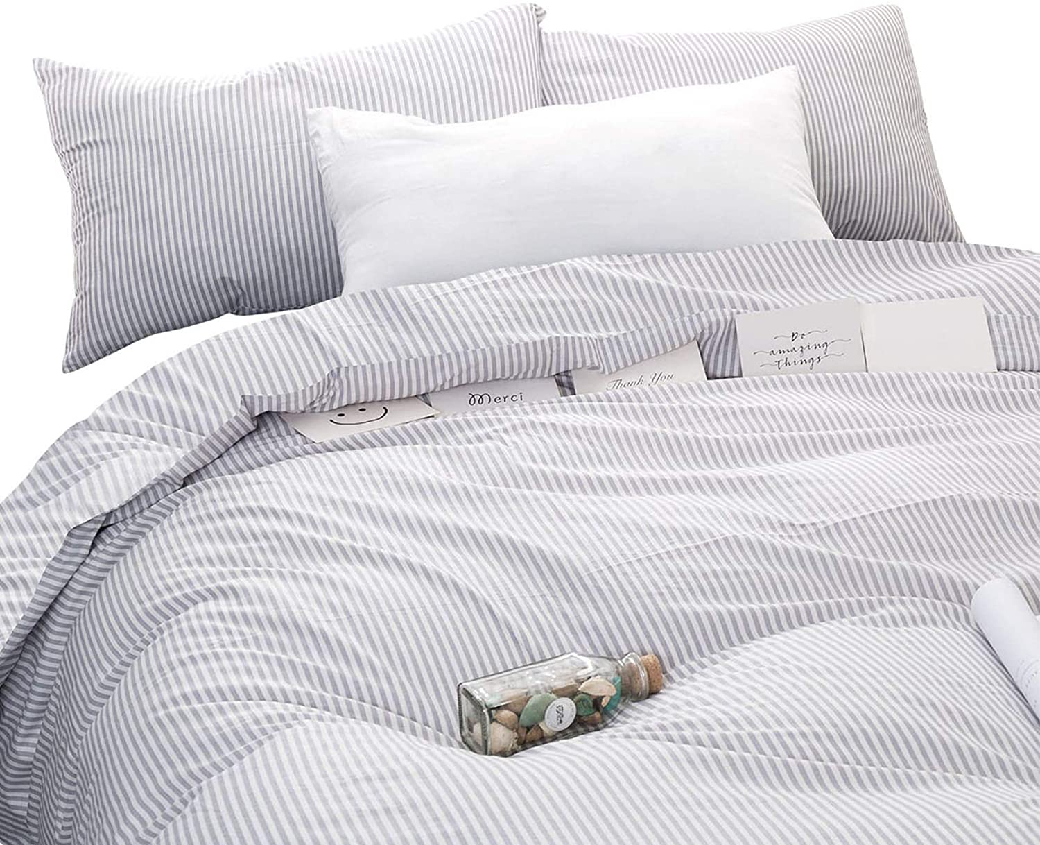 Price:$54.99  In Cloud - Gray White Striped Duvet Cover Set, 100% Cotton Bedding, Grey Vertical Ticking Stripes Pattern Printed on White, with Zipper Closure (3pcs, King Size) : Home & Kitchen