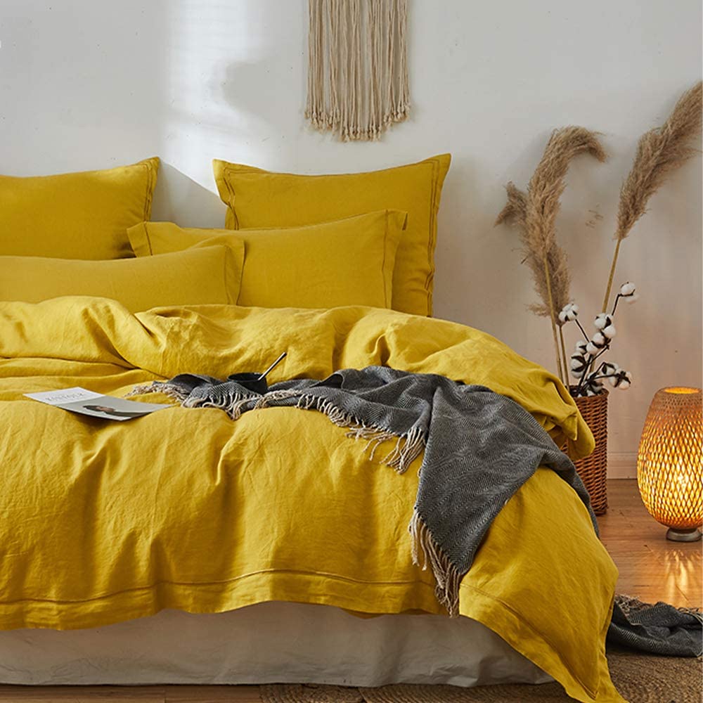 Price:$144.99  100% Linen Duvet Cover Set with Embroidery Border Washed - 3 Pieces (1 Duvet Cover & 2 Pillow Shams) with Button Closure Soft Breathable Farmhouse - Mustard Yellow, Queen Size : Everything Else