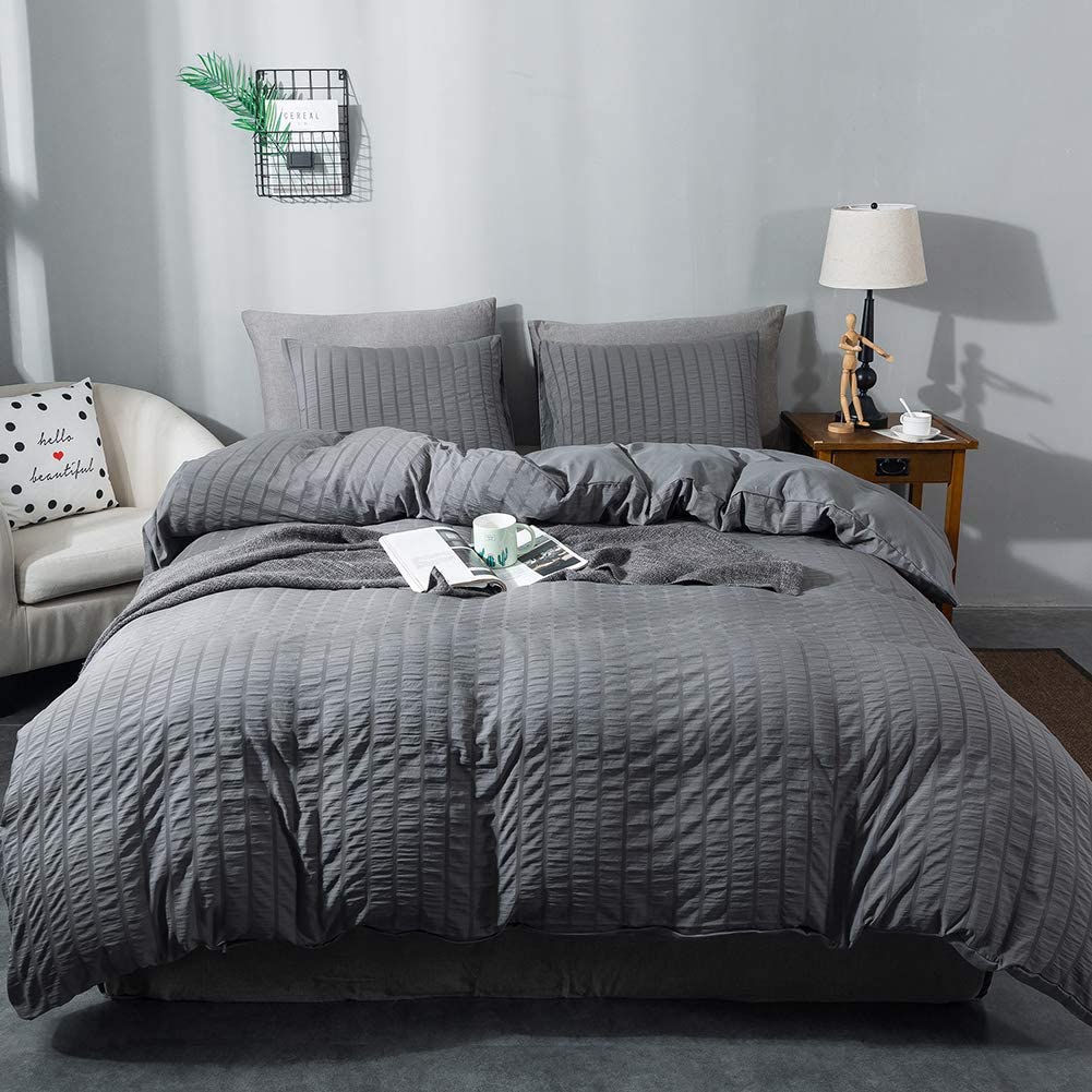 Price:$34.99 AveLom Seersucker Duvet Cover Set Queen Size (90 x 90 inches), 3 Pieces (1 Duvet Cover + 2 Pillow Cases), Dark Gray Ultra Soft Washed Microfiber, Textured Duvet Cover with Zipper Closure, Corner Ties : Home & Kitchen
