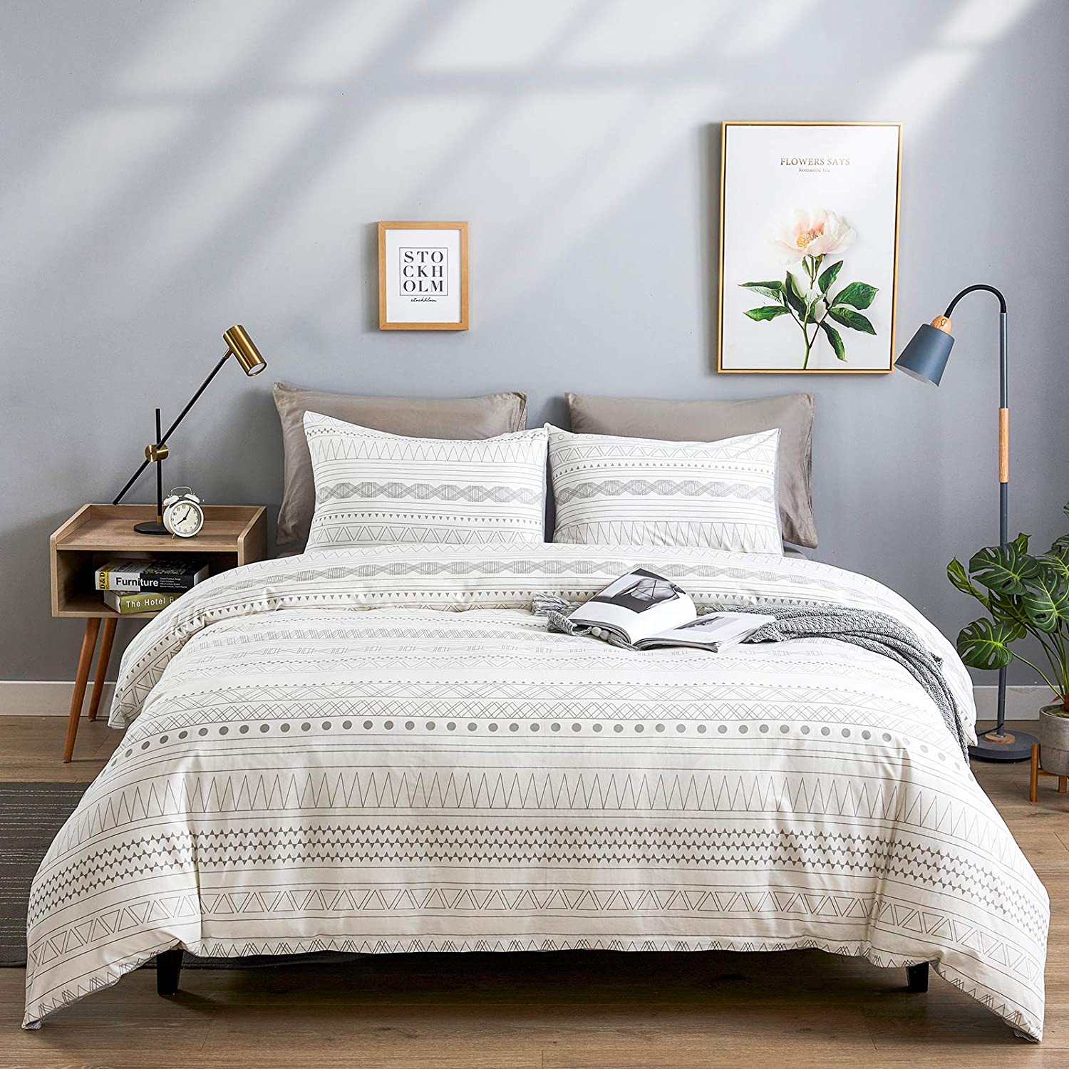 Price:$33.35 WARMDERN Grey Stripe Boho Duvet Cover Set King, 3pcs Ultra Soft Breathable Aztec Cotton Comforter Cover with Zipper Ties, 1 Bohemian White Duvet Cover & 2 Pillowcase(King,Grey) : Home & Kitchen