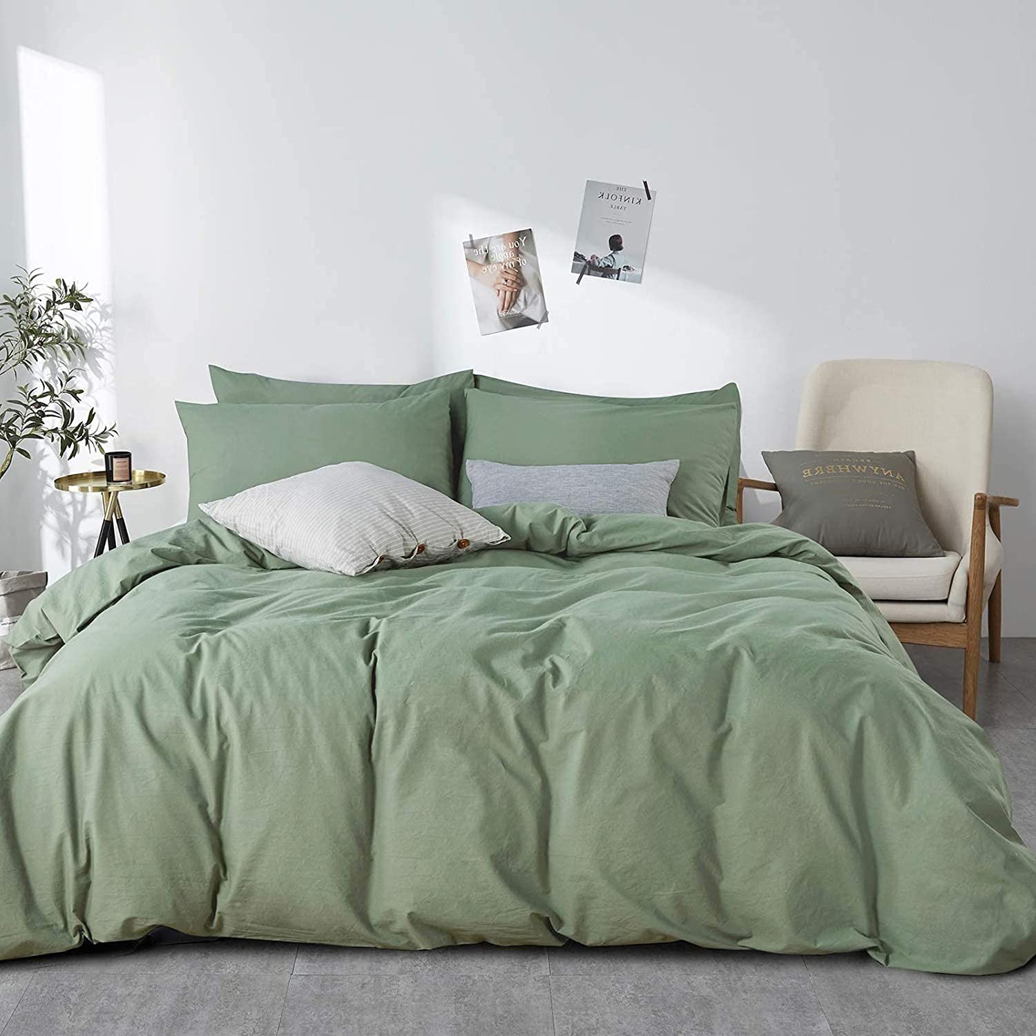 Price:$35.99  Green 100% Washed Cotton Duvet Cover Set, 3 Pieces Luxury Soft Bedding Set with Zipper Closure. Solid Color Pattern Duvet Cover Queen Size(No Comforter) : Home & Kitchen