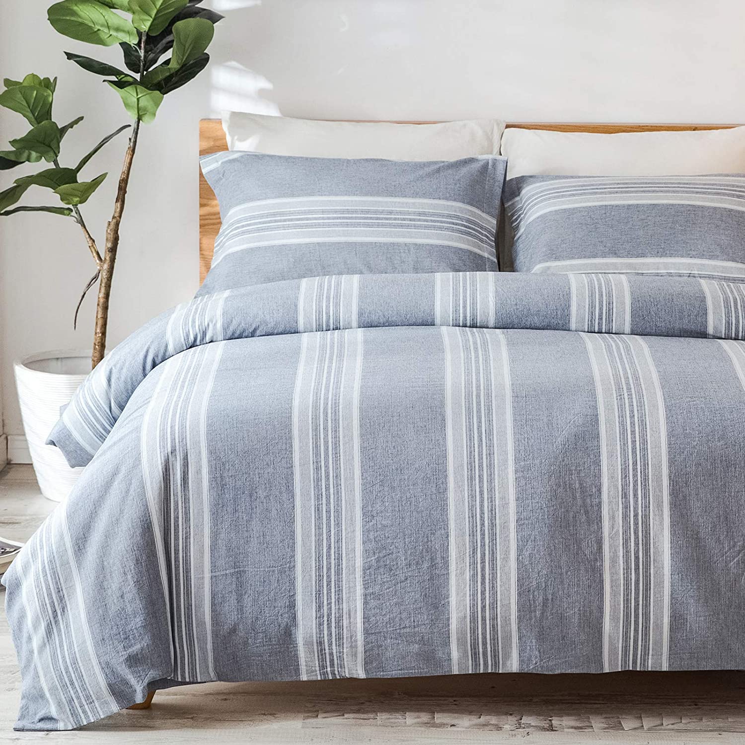 Price:$69.99  Home 100% Washed Cotton Duvet Cover Set King Size, Stripe 3PCS Cozy Bedding Set with 2 Pillow Cases, Soft and Breathable Comforter Cover Set for All Seasons, 106''x 92'', Blue Beige : Home & Kitchen