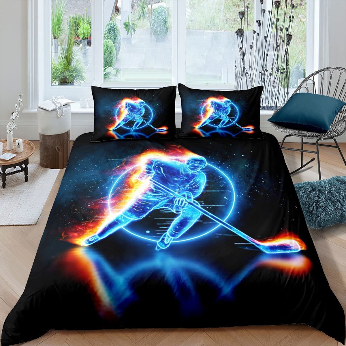Price:$42.00  Ice Hockey Duvet Cover Full Hockey Player Comforter Cover Competitive Game Bedding Set Winter Sport Bedspread Cover Ice and Fire Duvet Cover Galaxy Geometric Bedding Set, Blue : Home & Kitchen