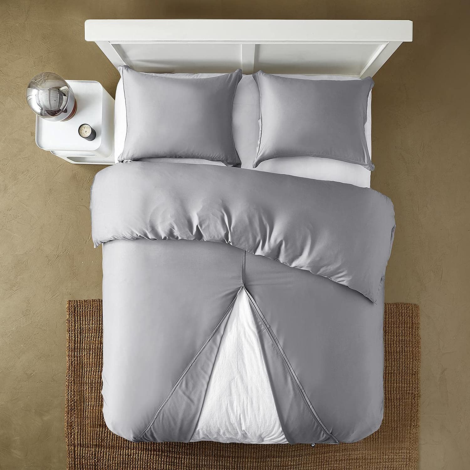 Price:$89.99  Grey Bamboo Duvet Cover 3PCS Set with T-Opening Fast Fitted, Queen, Cover 90" W x 90" L, 2 Pillow Shams, Cooling Bamboo Duvet Covers with Zipper Closure, ChadMade Leyla : Home & Kitchen