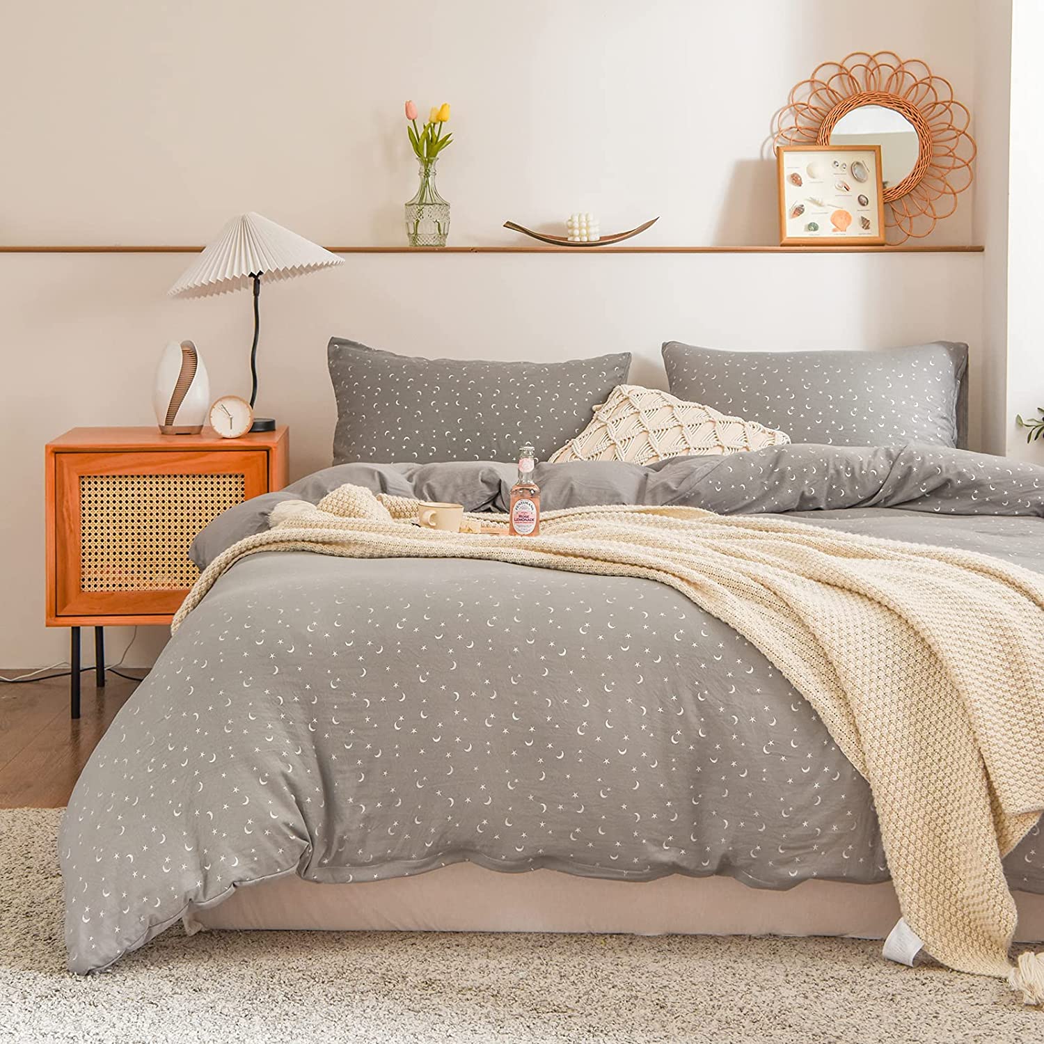 Price:$39.99  Metallic Bedding Light Grey Duvet Cover Set  Moon Stars Design Gray Shabby Chic Bedding Sets Queen 1 Duvet Cover 2 Pillowcases (Queen, Grey-) : Home & Kitchen